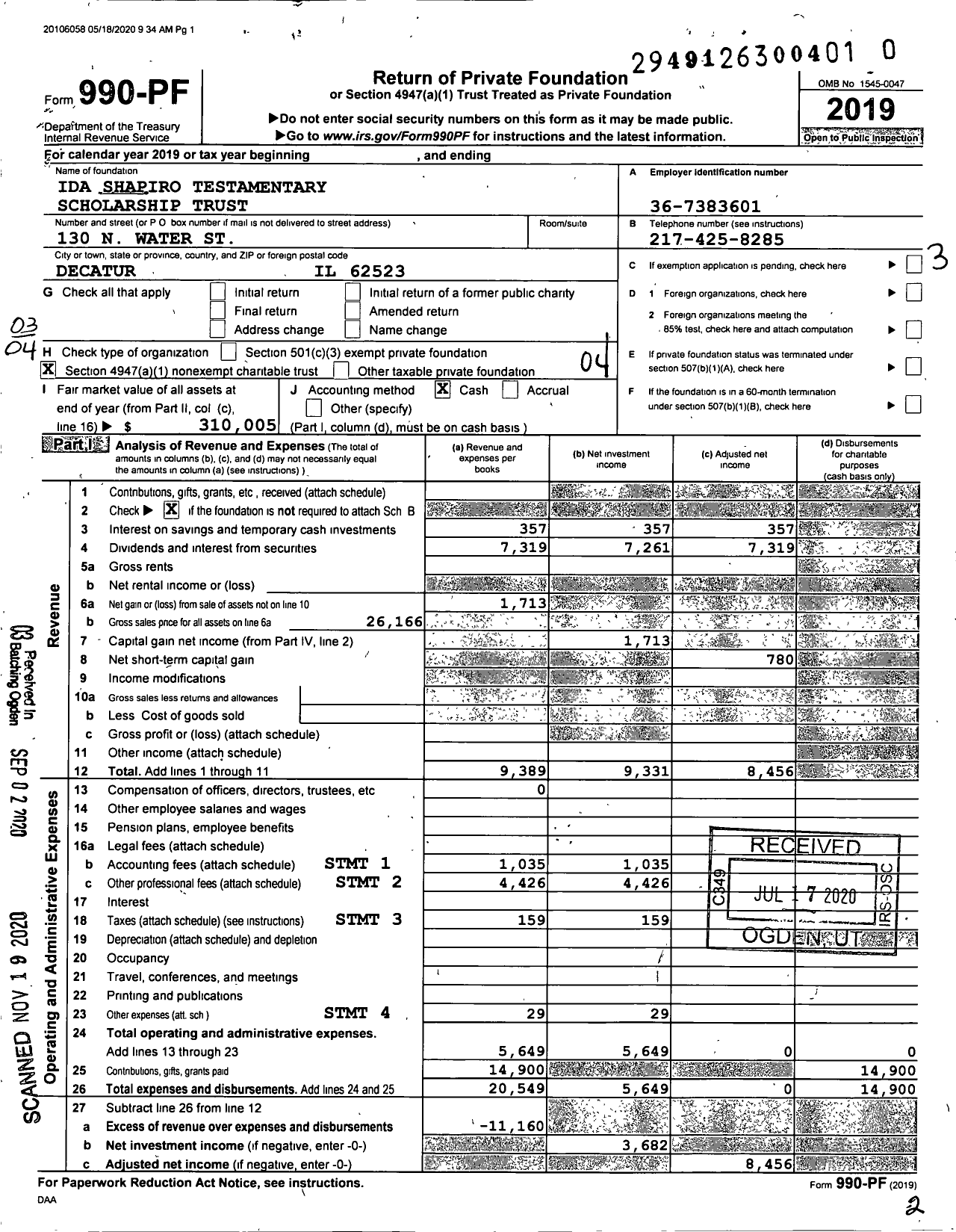 Image of first page of 2019 Form 990PF for Ida Shapiro Testamentary Scholarship Trust