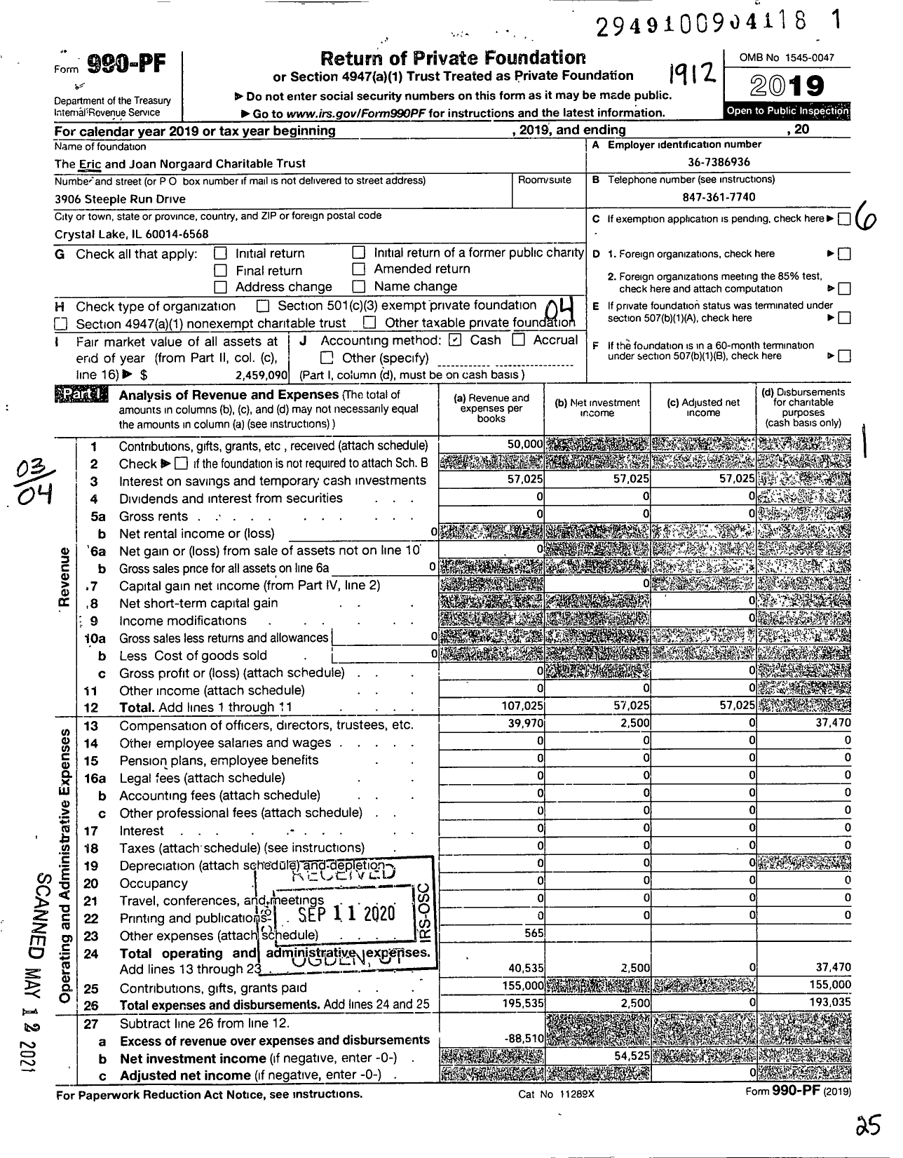 Image of first page of 2019 Form 990PF for The Eric and Joan Norgaard Charitable Trust