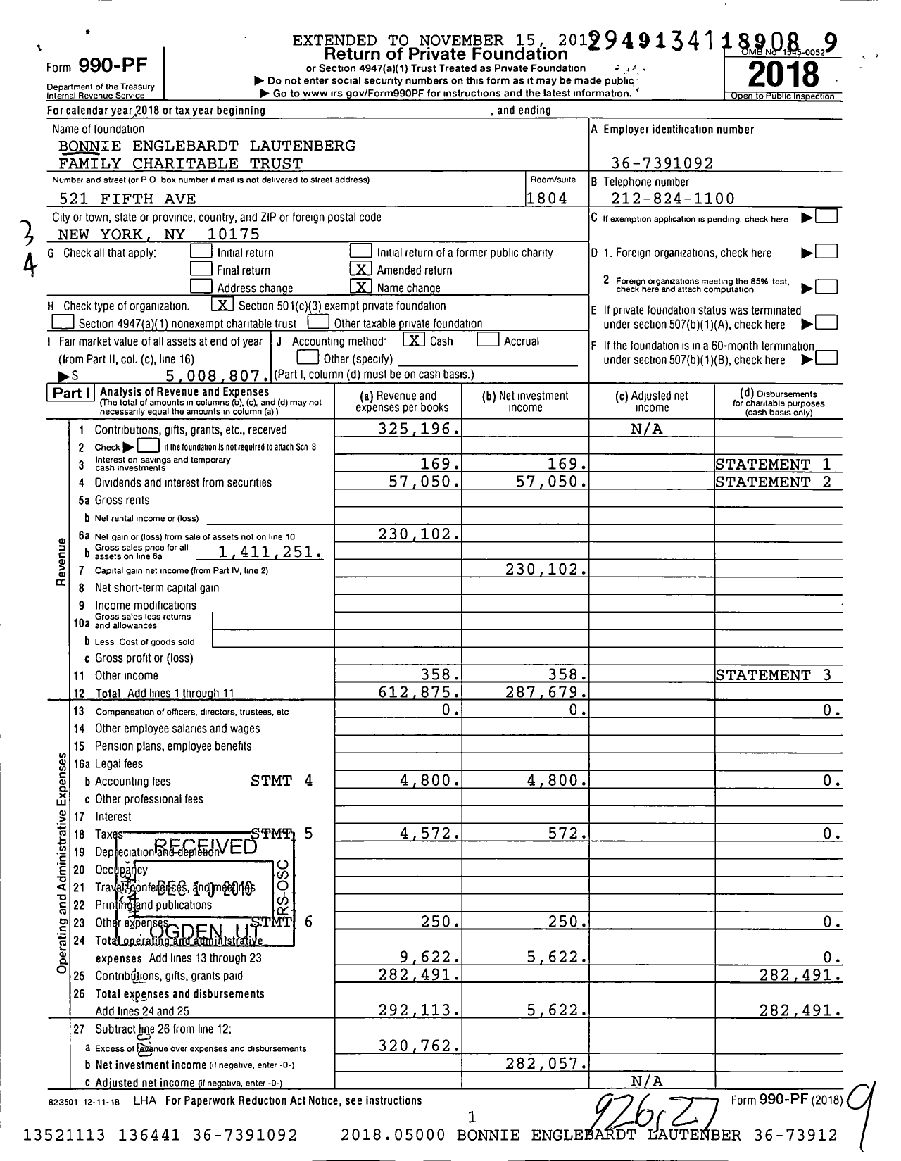 Image of first page of 2018 Form 990PF for Bonnie Englebardt Lautenberg Family Charitable Trust