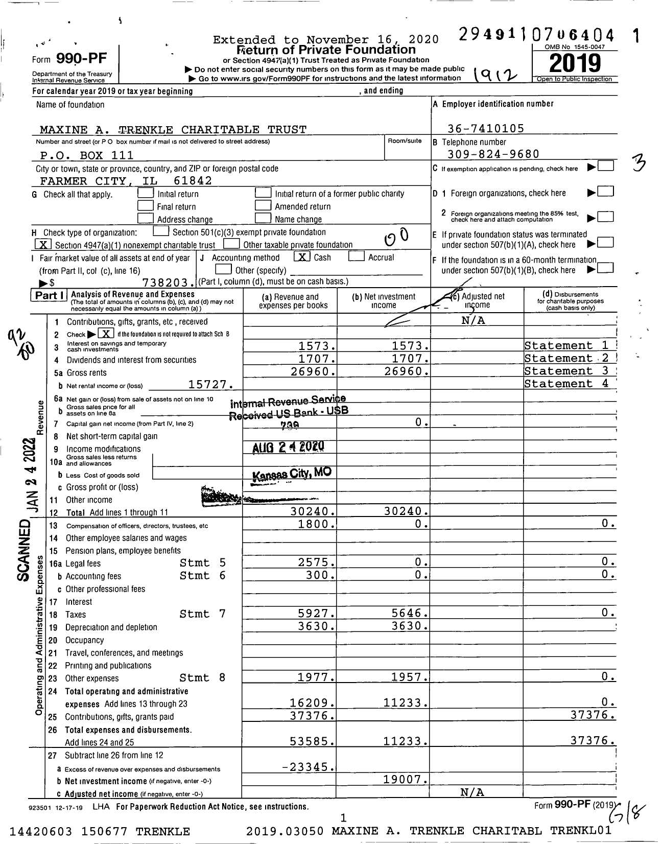 Image of first page of 2019 Form 990PF for Maxine A Trenkle Charitable Trust