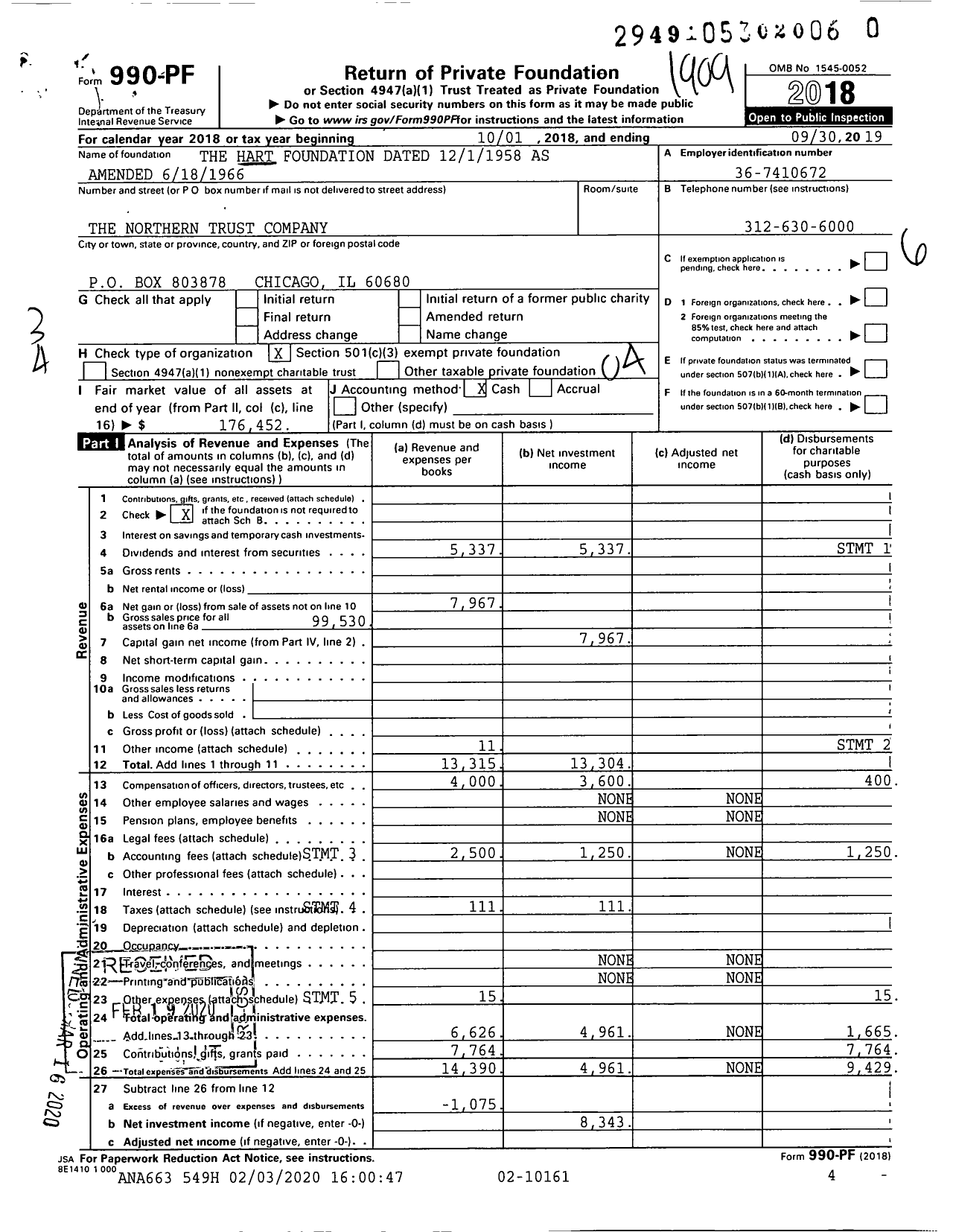 Image of first page of 2018 Form 990PR for The Hart Foundation Dated 1211958 As