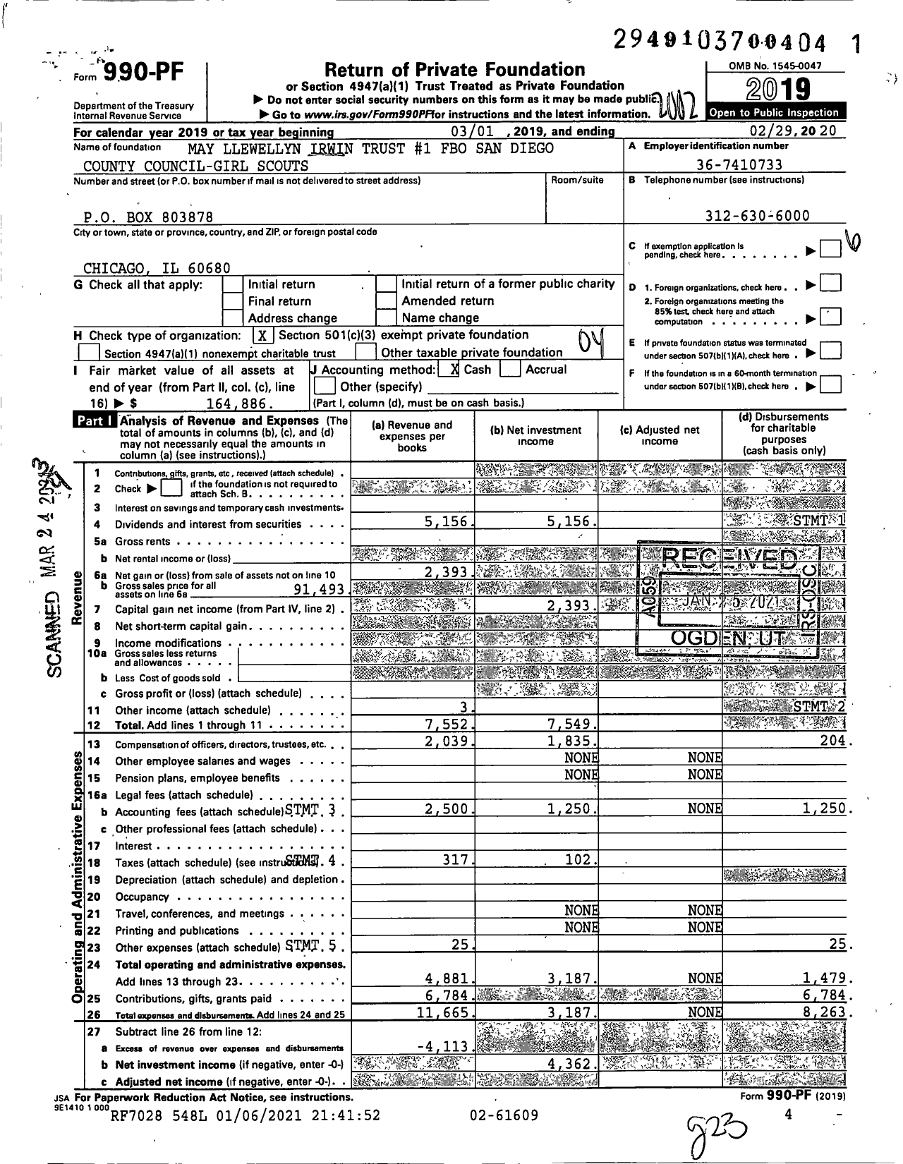 Image of first page of 2019 Form 990PF for May Llewellyn Irwin Trust #1 Fbo San Diego