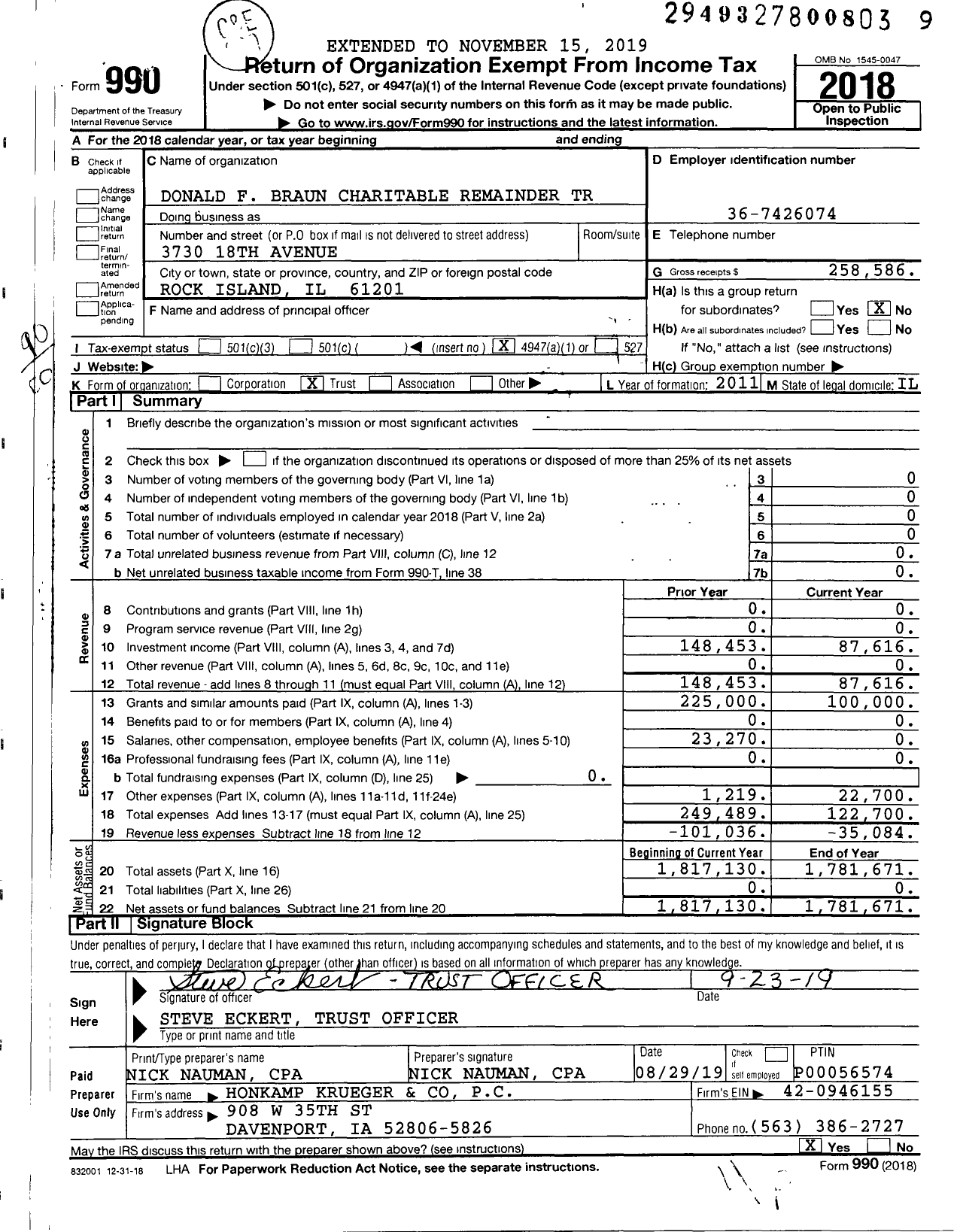 Image of first page of 2018 Form 990O for Donald F Braun Charitable Remainder Trust