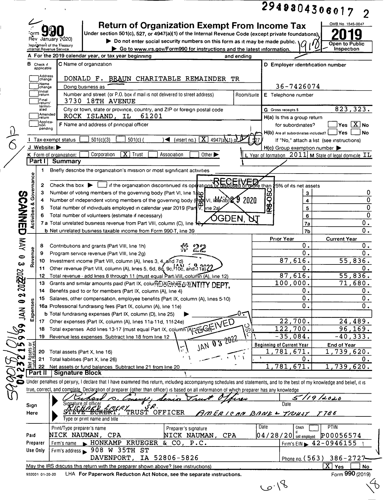 Image of first page of 2019 Form 990O for Donald F Braun Charitable Remainder Trust