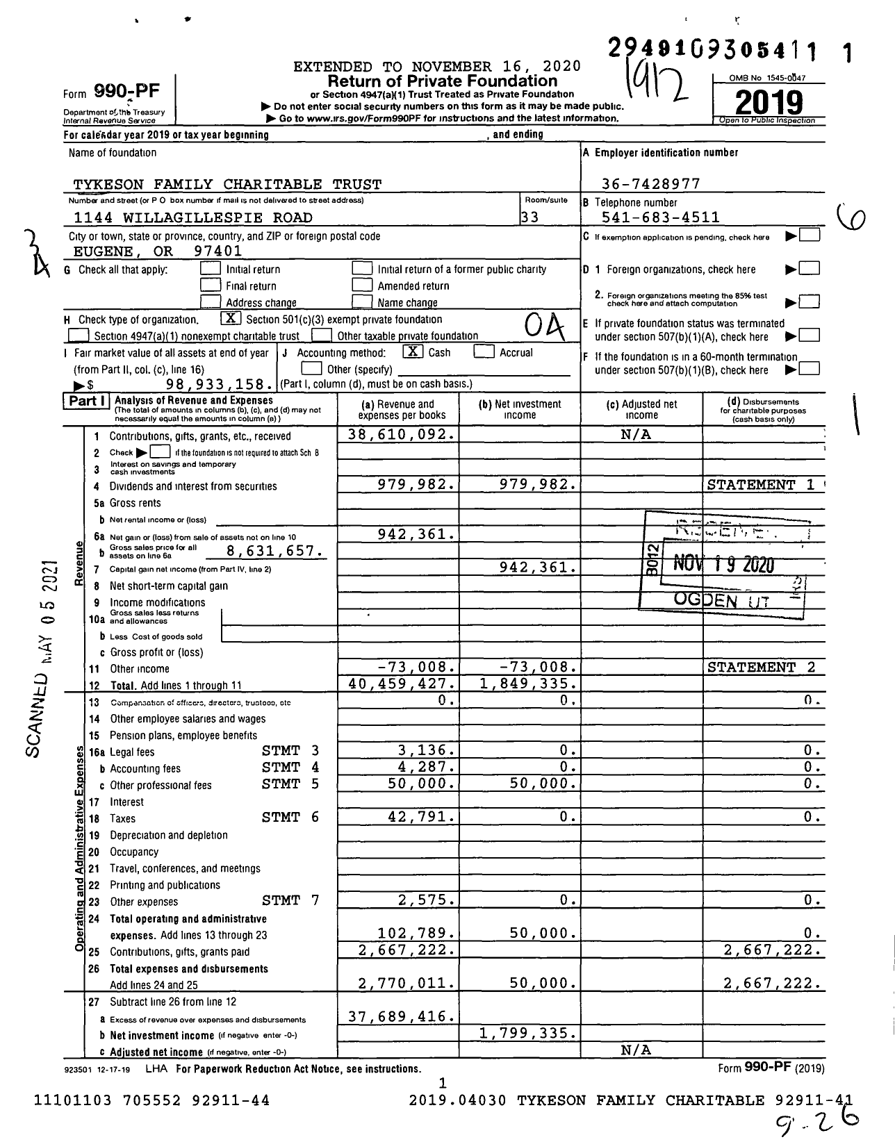 Image of first page of 2019 Form 990PF for Tykeson Family Charitable Trust