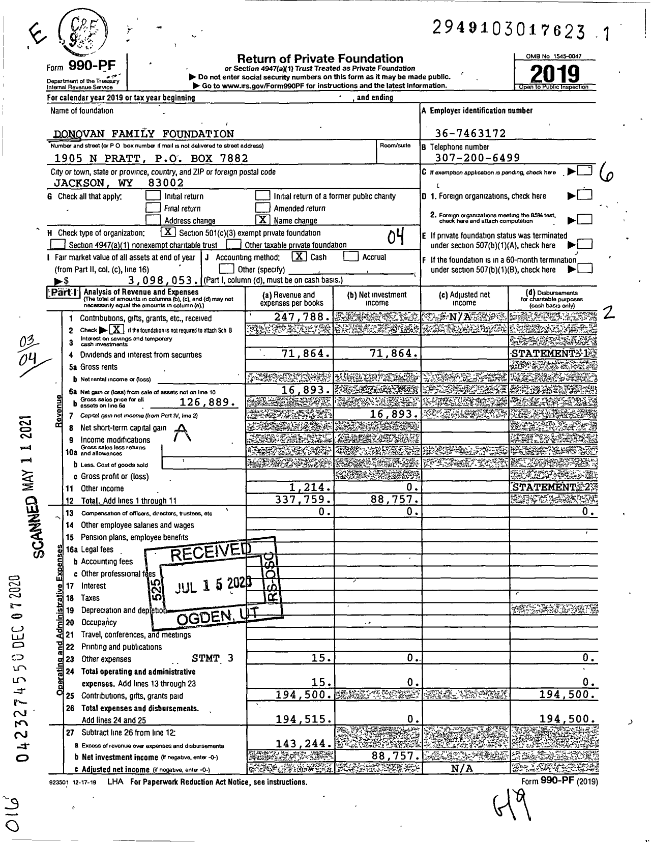 Image of first page of 2019 Form 990PF for Donovan Family Foundation / Donovan David E & Nancy S Ttee