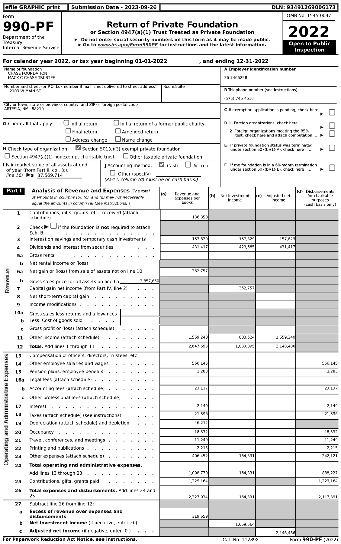 Image of first page of 2022 Form 990PF for Chase Foundation Mack C Chase Trustee