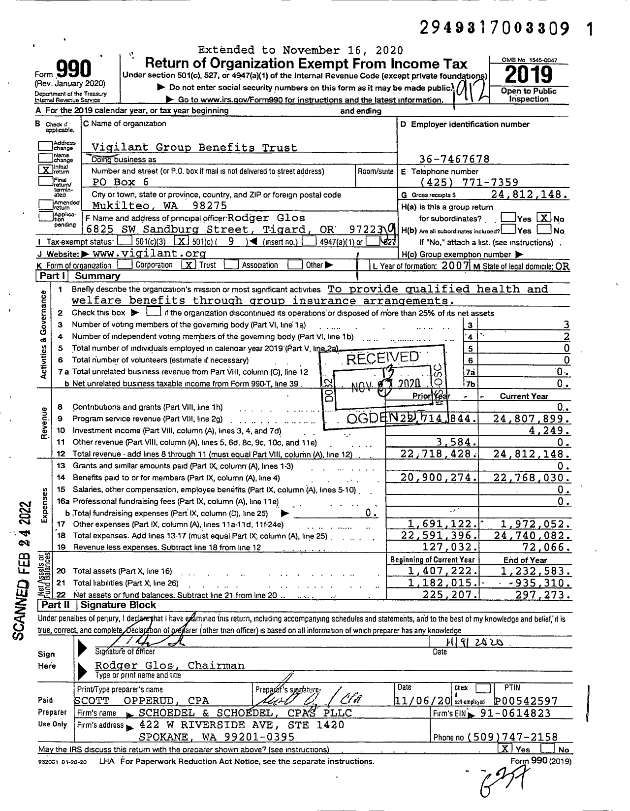 Image of first page of 2019 Form 990O for Vigilant Group Benefits Trust