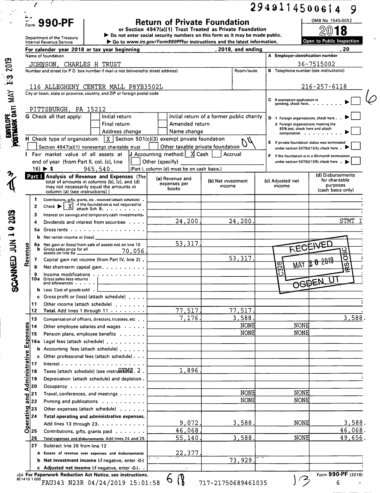 Image of first page of 2018 Form 990PF for Johnson Charles H Trust