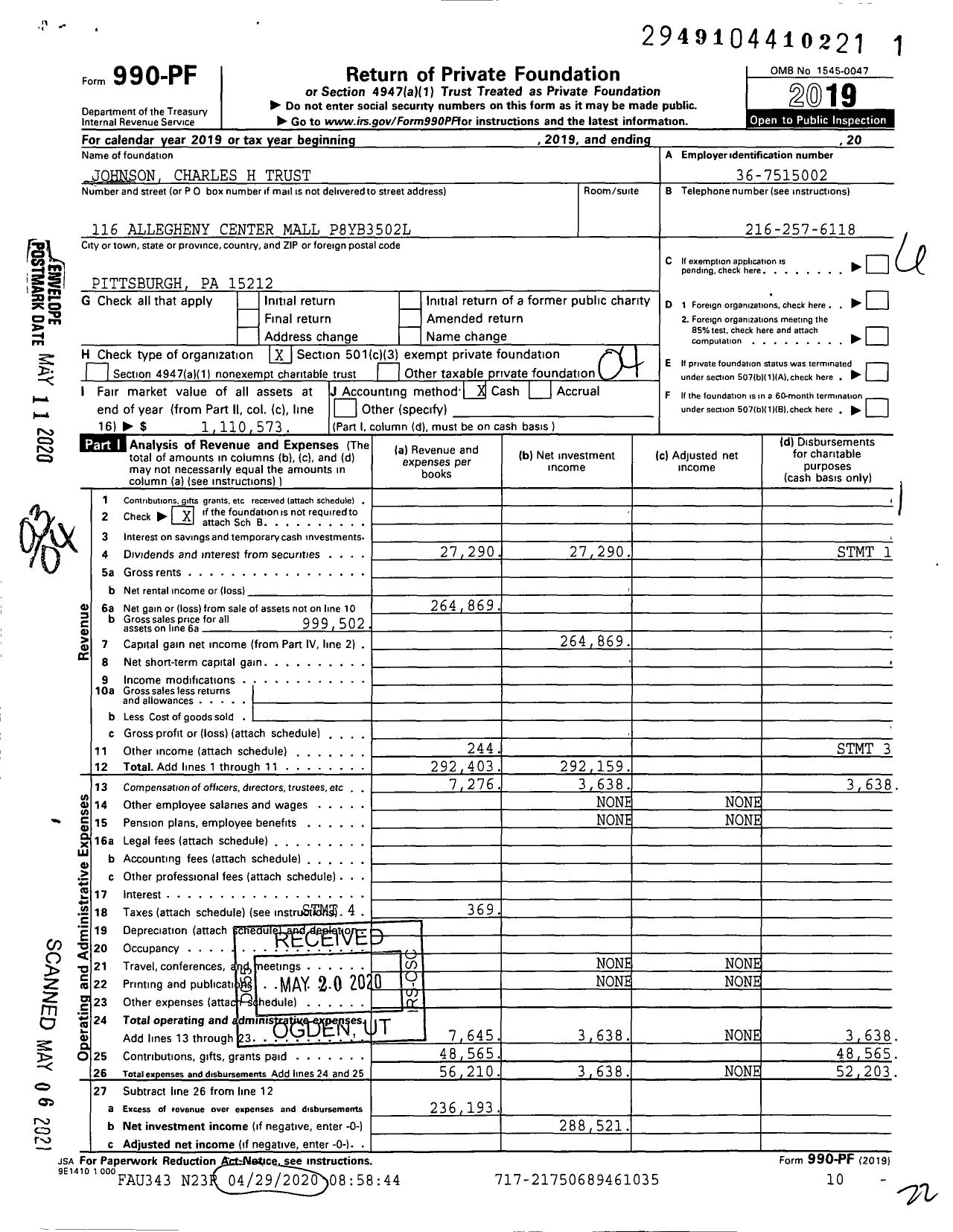 Image of first page of 2019 Form 990PF for Johnson Charles H Trust 1045000852
