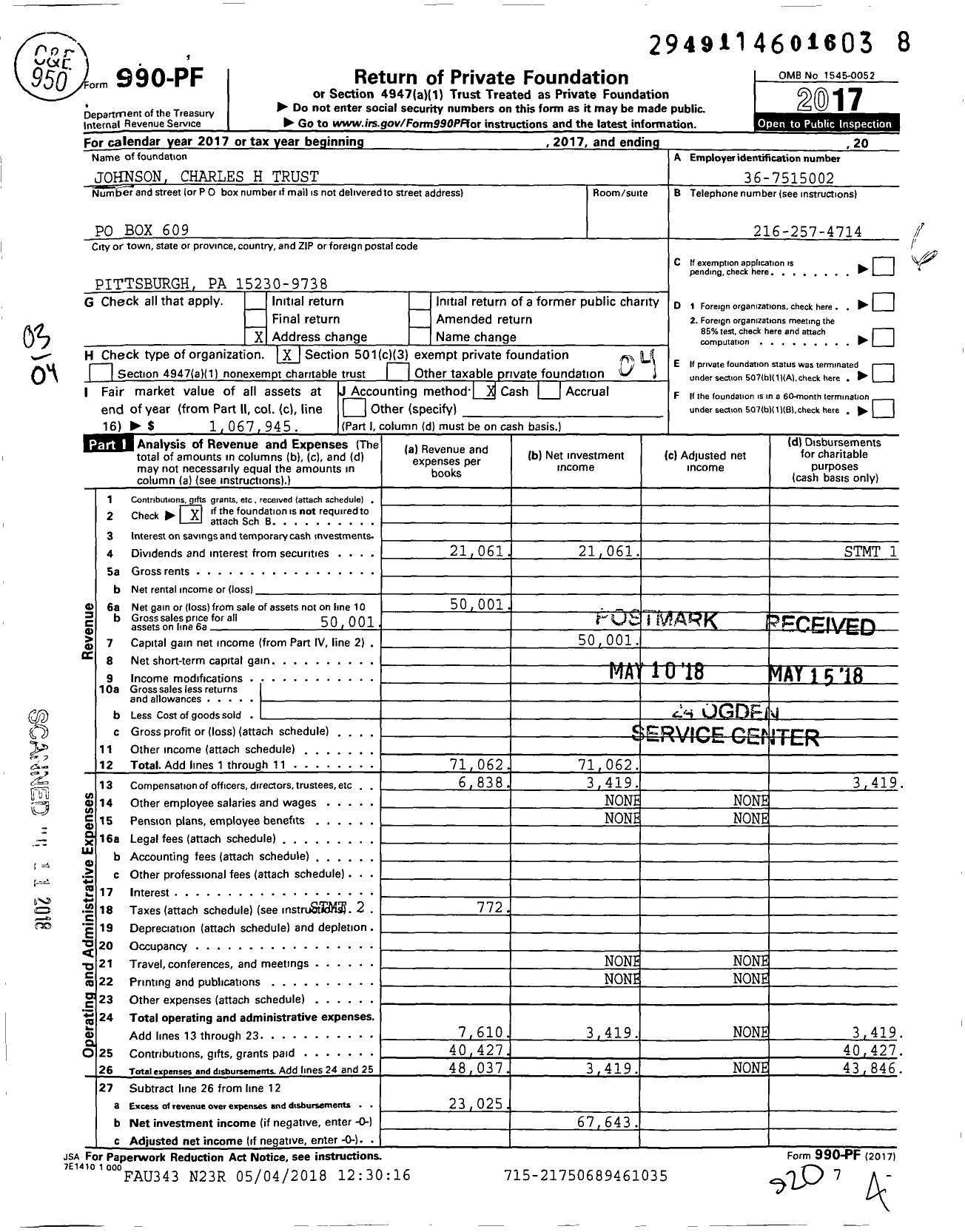 Image of first page of 2017 Form 990PF for Johnson Charles H Trust