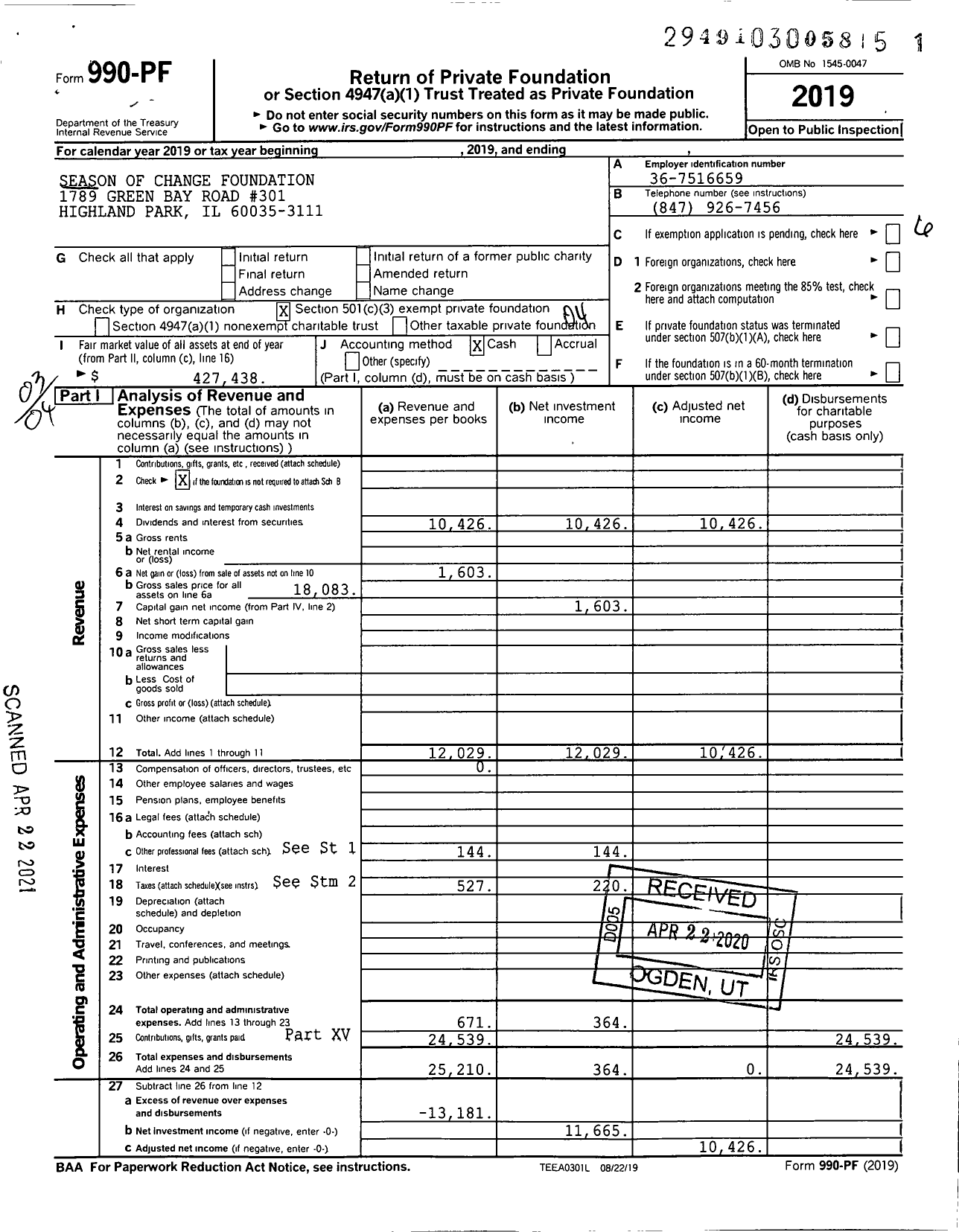 Image of first page of 2019 Form 990PF for Season of Change Foundation