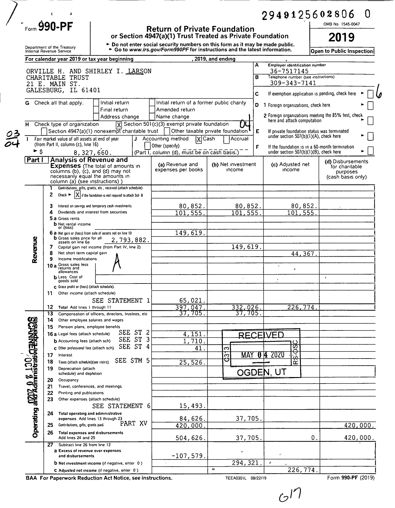 Image of first page of 2019 Form 990PR for Orville H and Shirley I Larson Charitable Trust