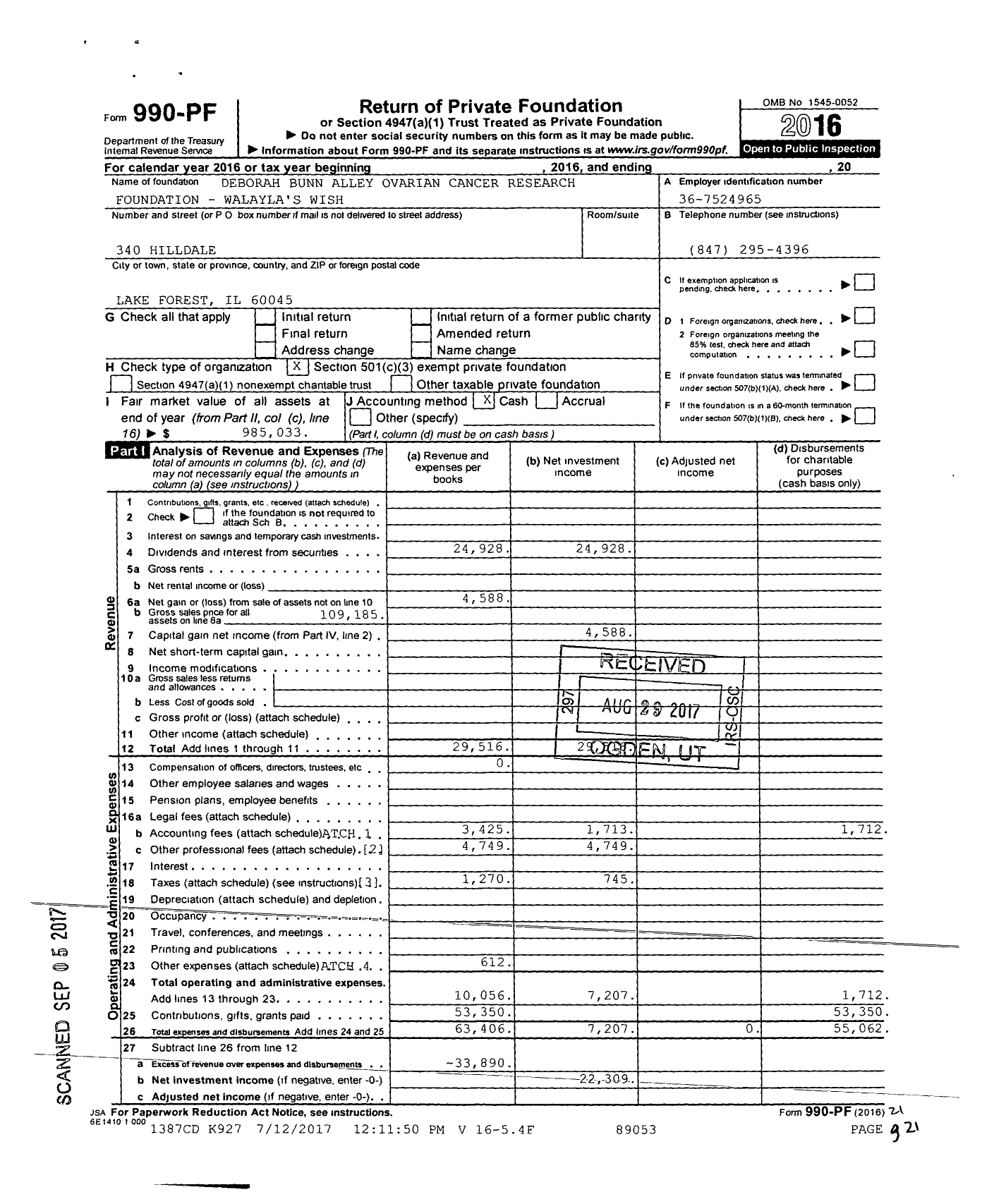 Image of first page of 2016 Form 990PF for Deborah Bunn Alley Ovarian Cancer Research Foundation - Walayla's Wish