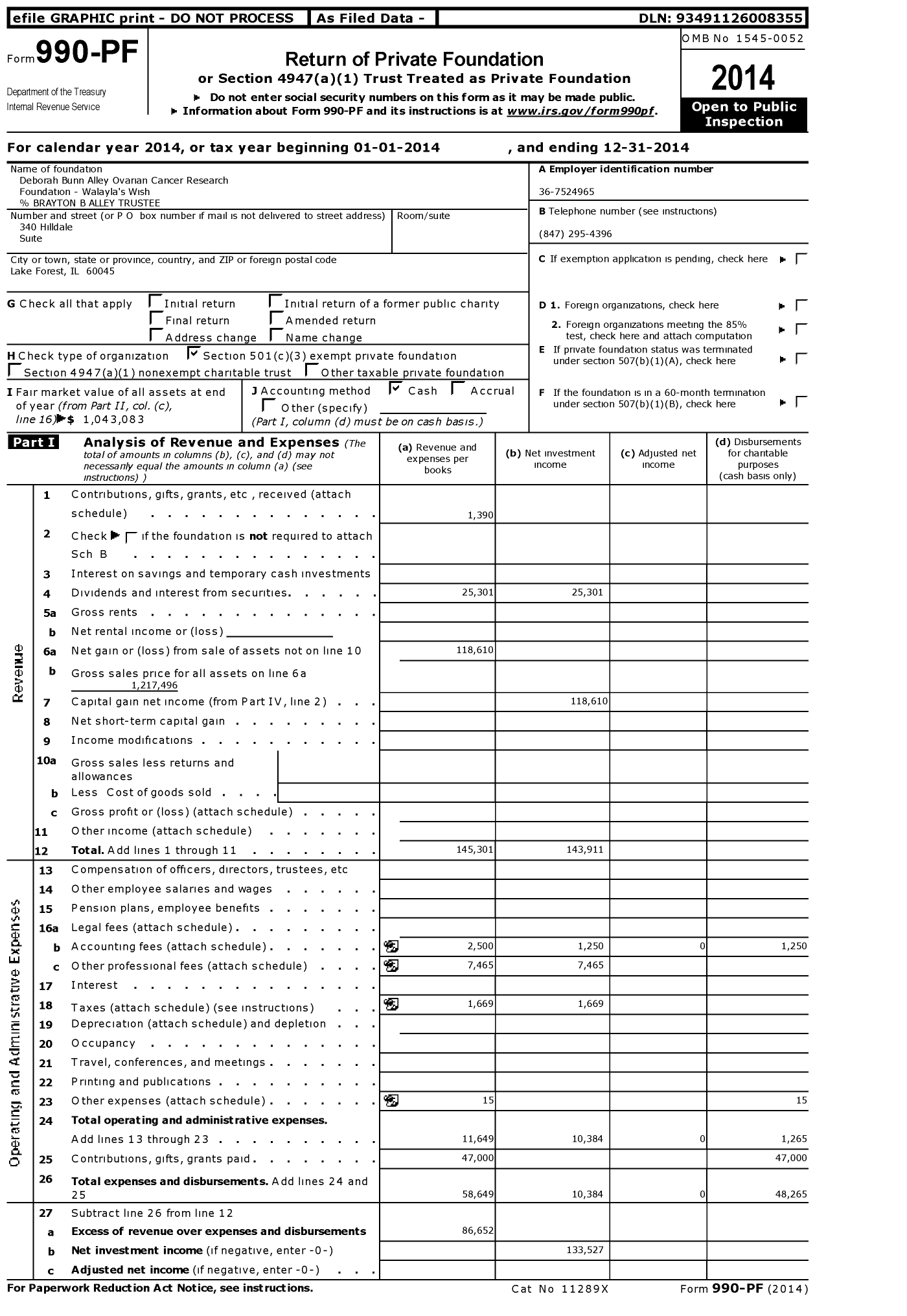 Image of first page of 2014 Form 990PF for Deborah Bunn Alley Ovarian Cancer Research Foundation - Walayla's Wish