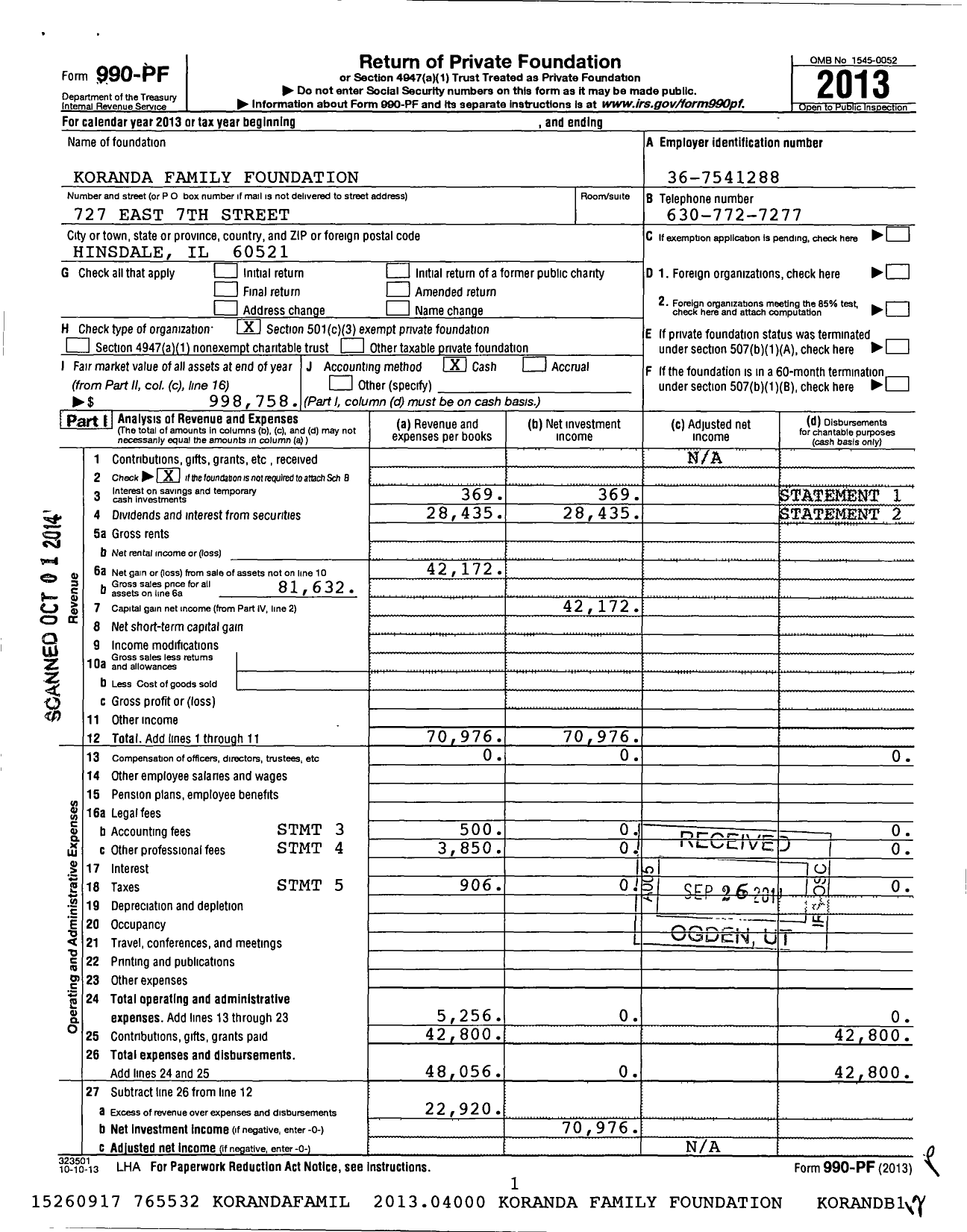 Image of first page of 2013 Form 990PF for Koranda Family Foundation