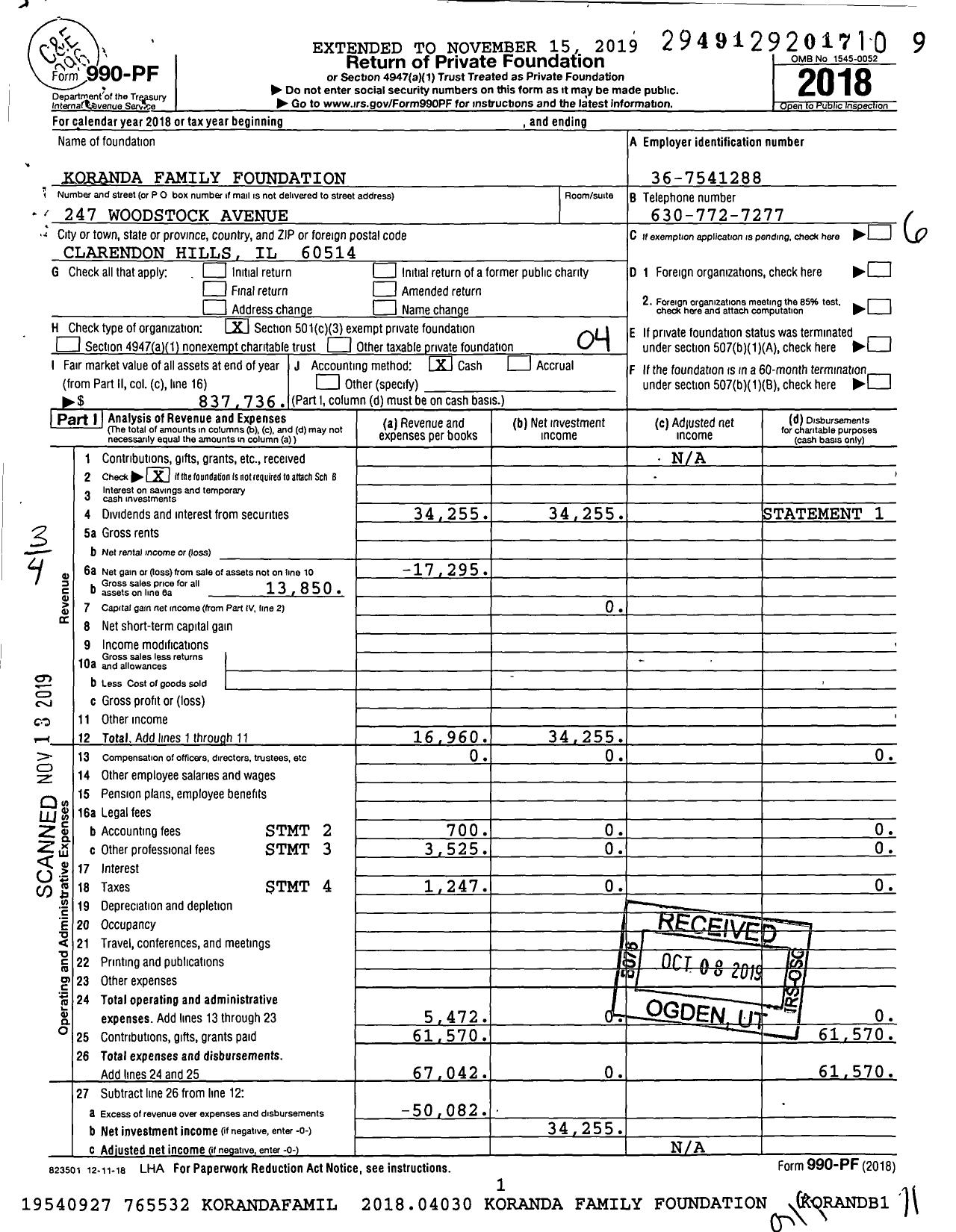 Image of first page of 2018 Form 990PF for Koranda Family Foundation