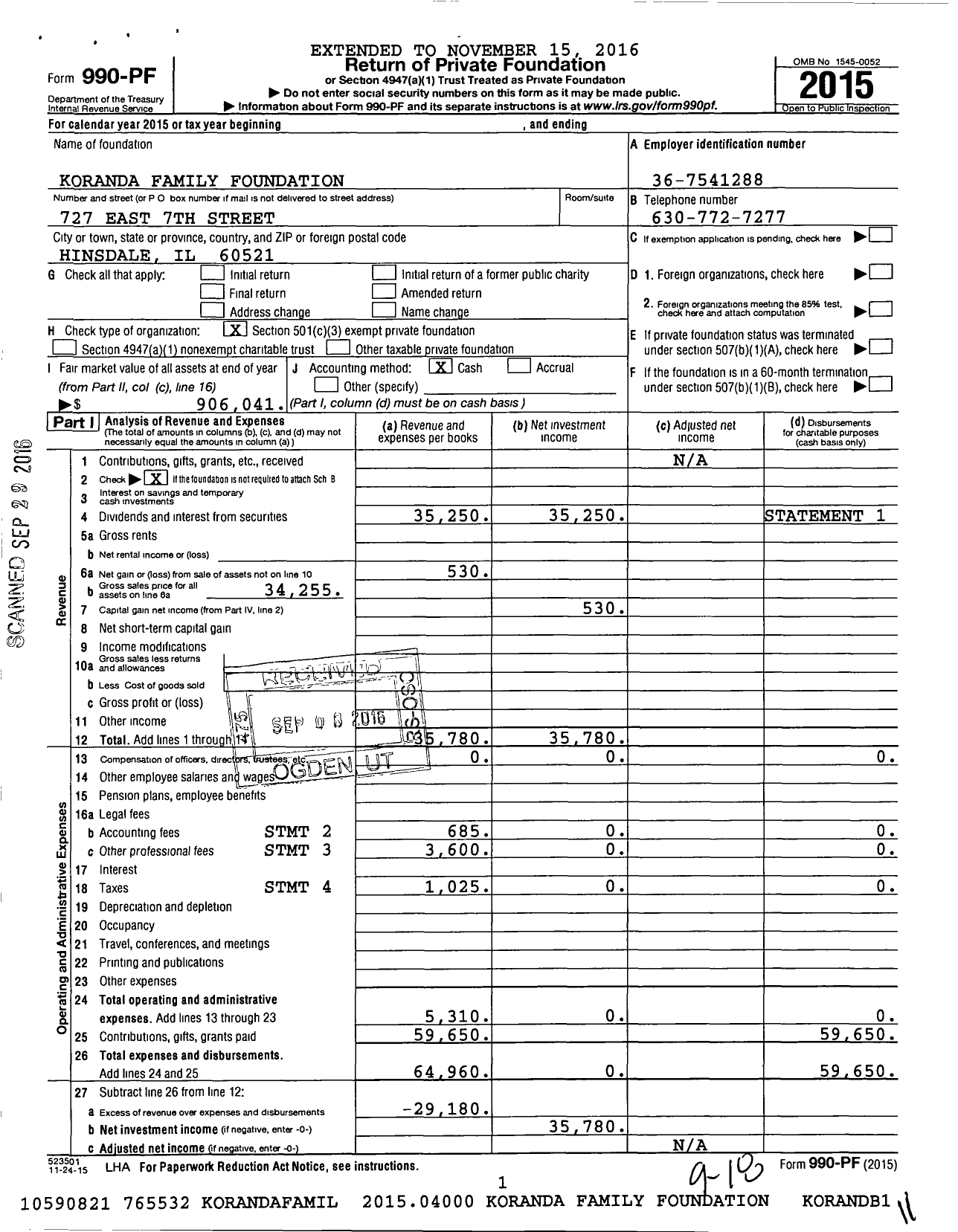 Image of first page of 2015 Form 990PF for Koranda Family Foundation