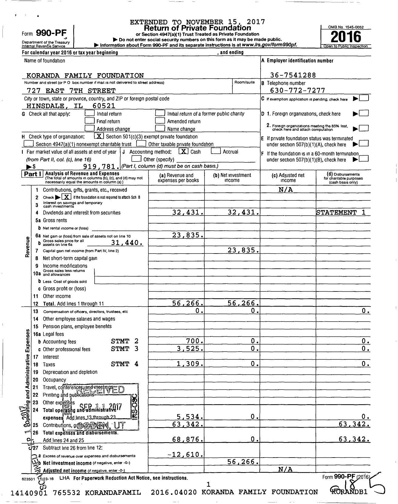 Image of first page of 2016 Form 990PF for Koranda Family Foundation