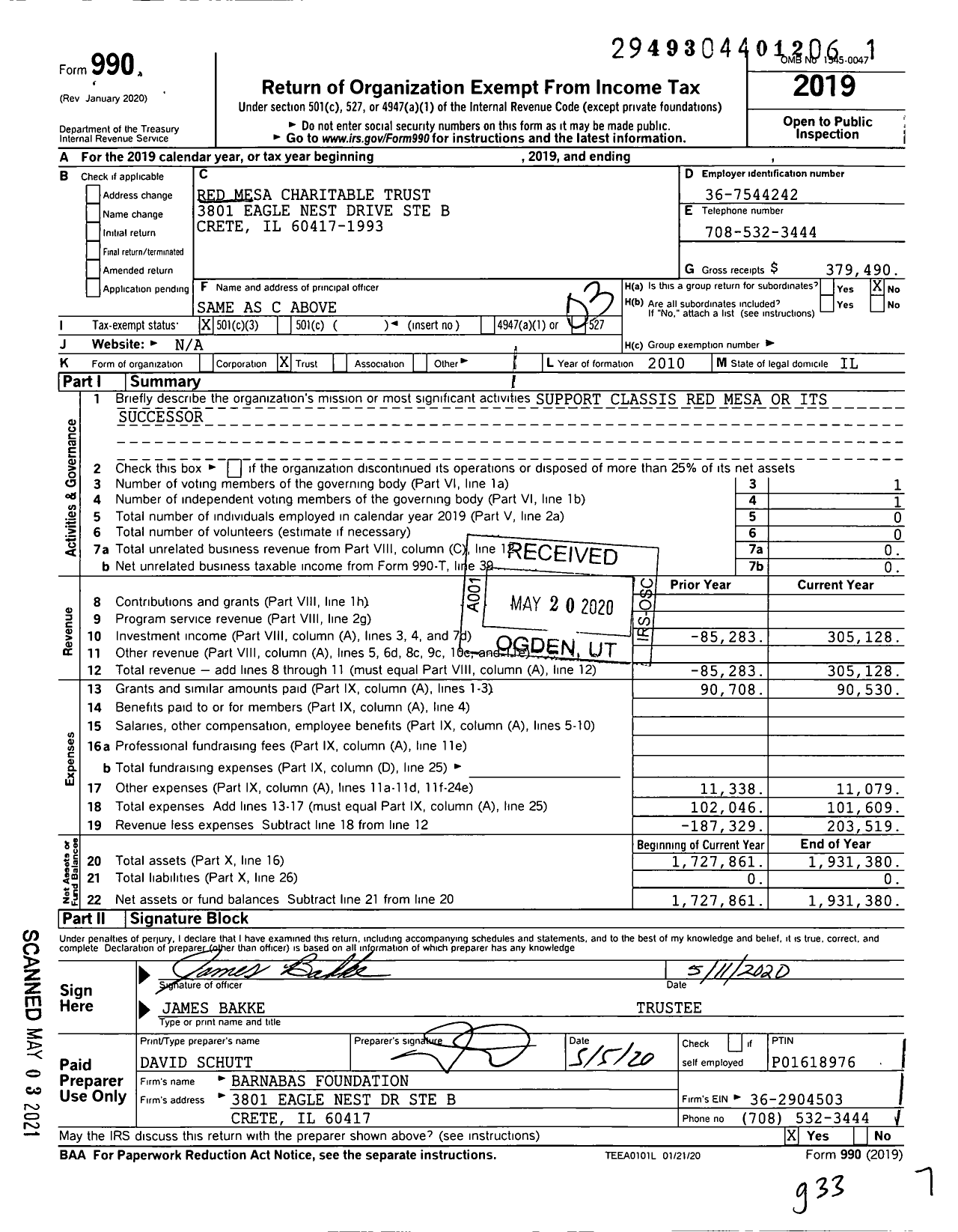 Image of first page of 2019 Form 990 for Red Mesa Charitable Trust