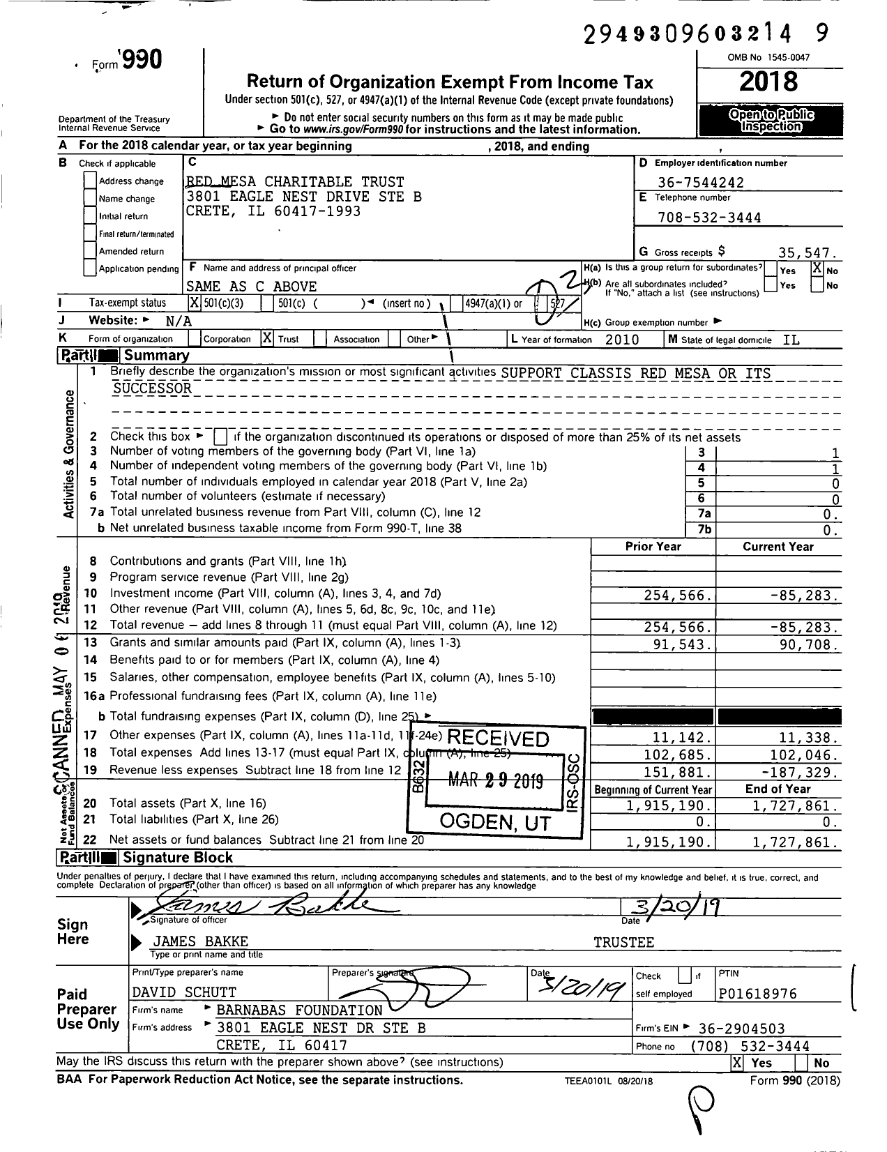 Image of first page of 2018 Form 990 for Red Mesa Charitable Trust