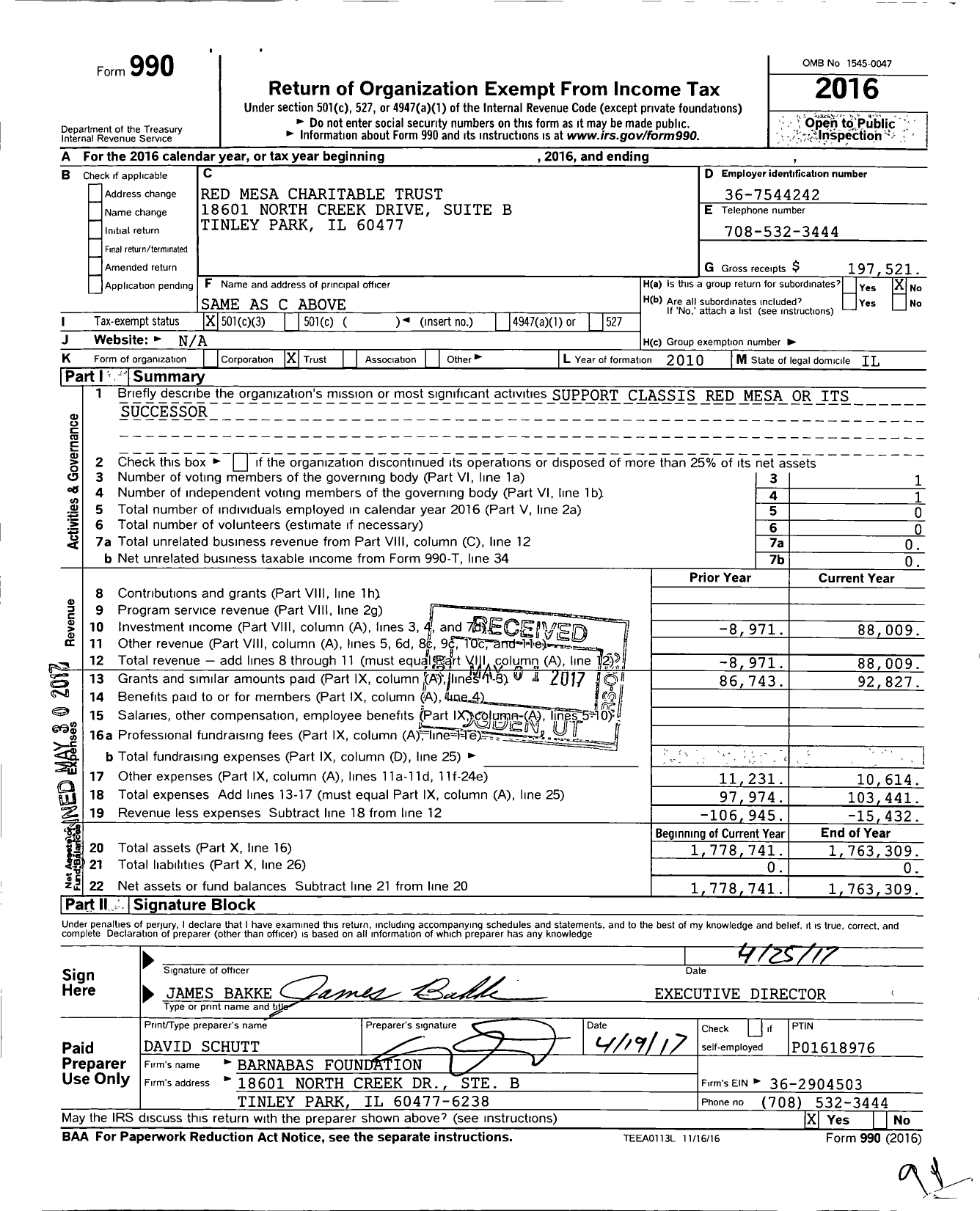 Image of first page of 2016 Form 990 for Red Mesa Charitable Trust