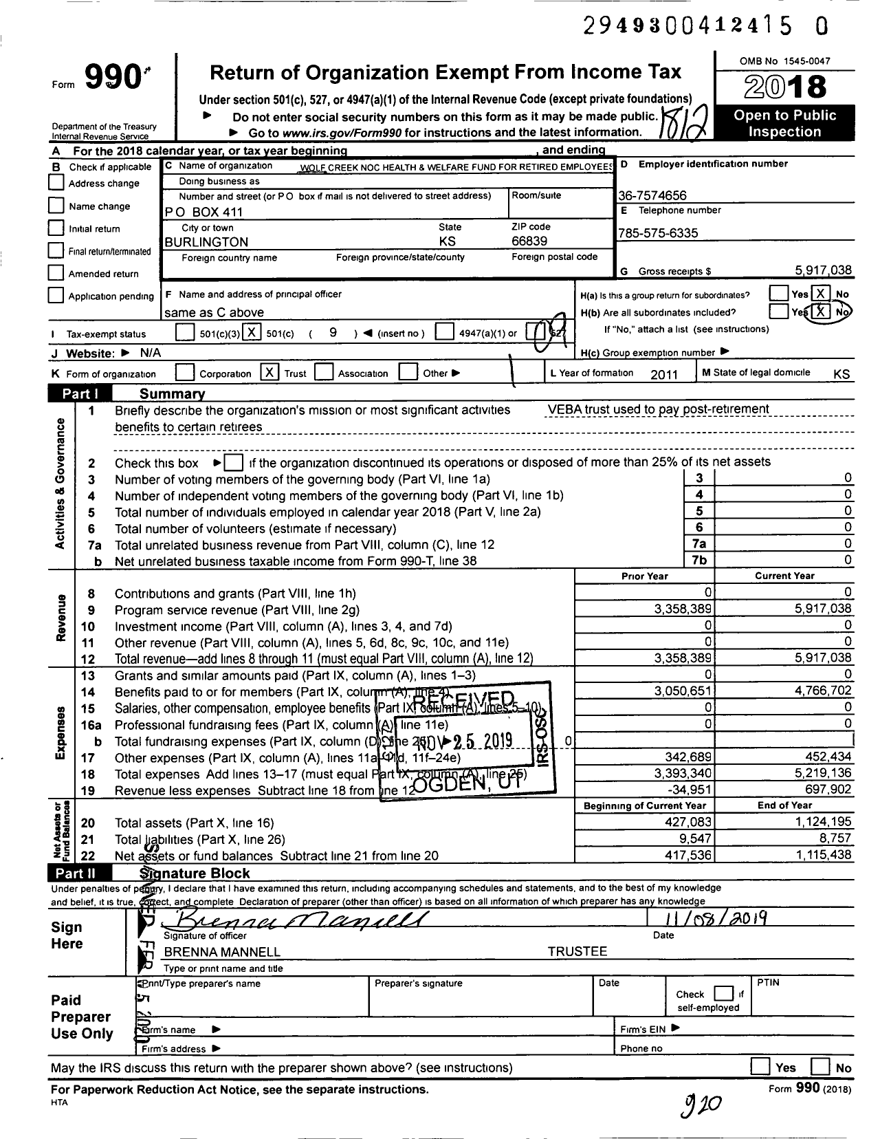 Image of first page of 2018 Form 990O for Wolf Creek Noc Health and Welfare Fund for Retired Employees