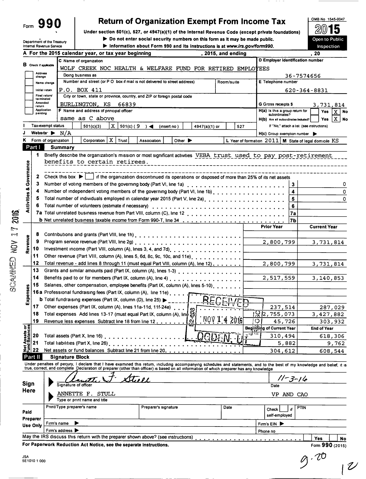 Image of first page of 2015 Form 990O for Wolf Creek Noc Health and Welfare Fund for Retired Employees