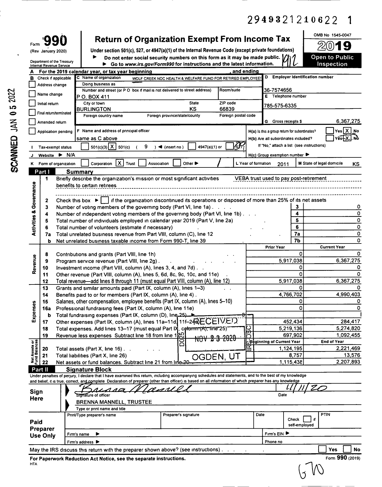 Image of first page of 2019 Form 990O for Wolf Creek Noc Health and Welfare Fund for Retired Employees