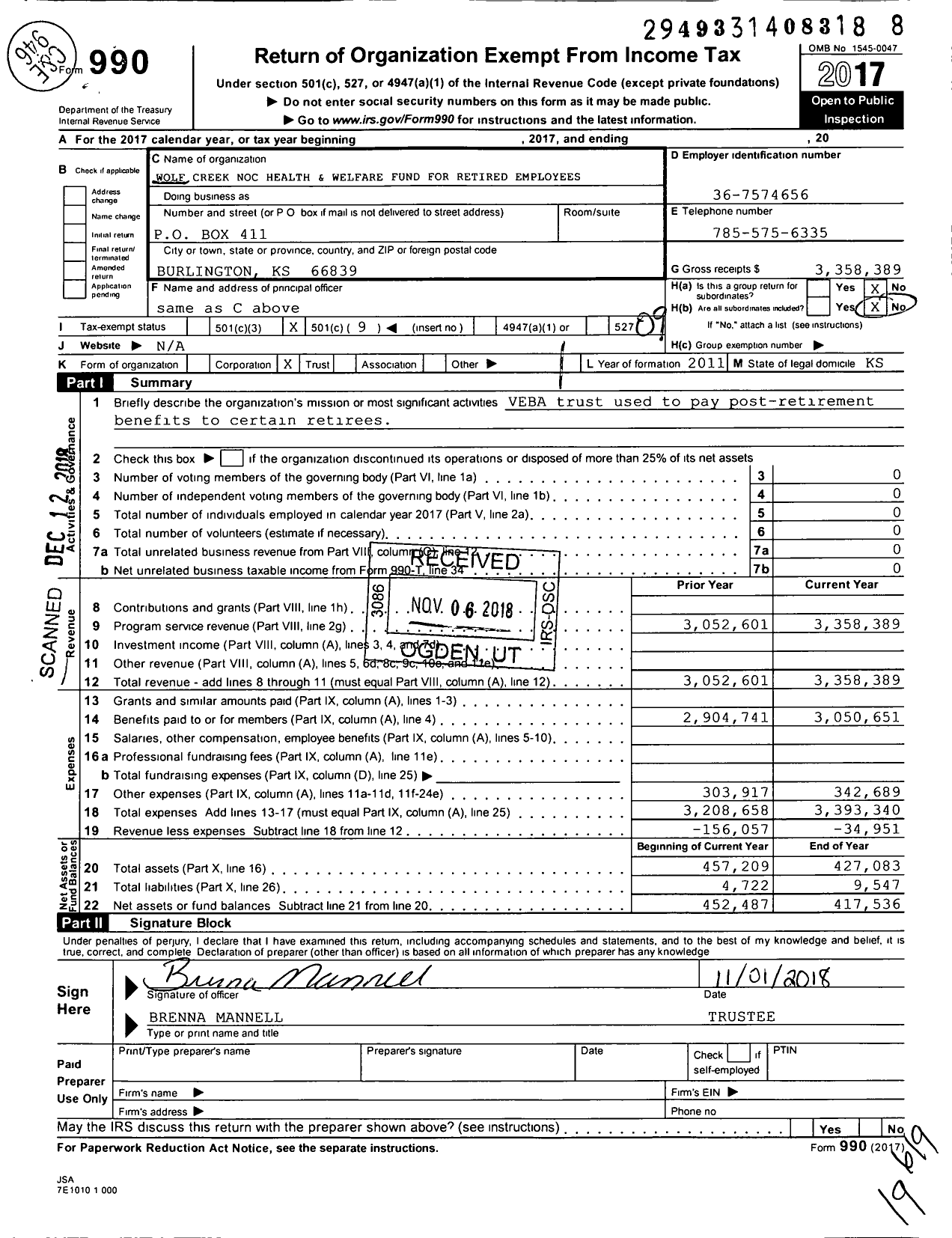 Image of first page of 2017 Form 990O for Wolf Creek Noc Health and Welfare Fund for Retired Employees