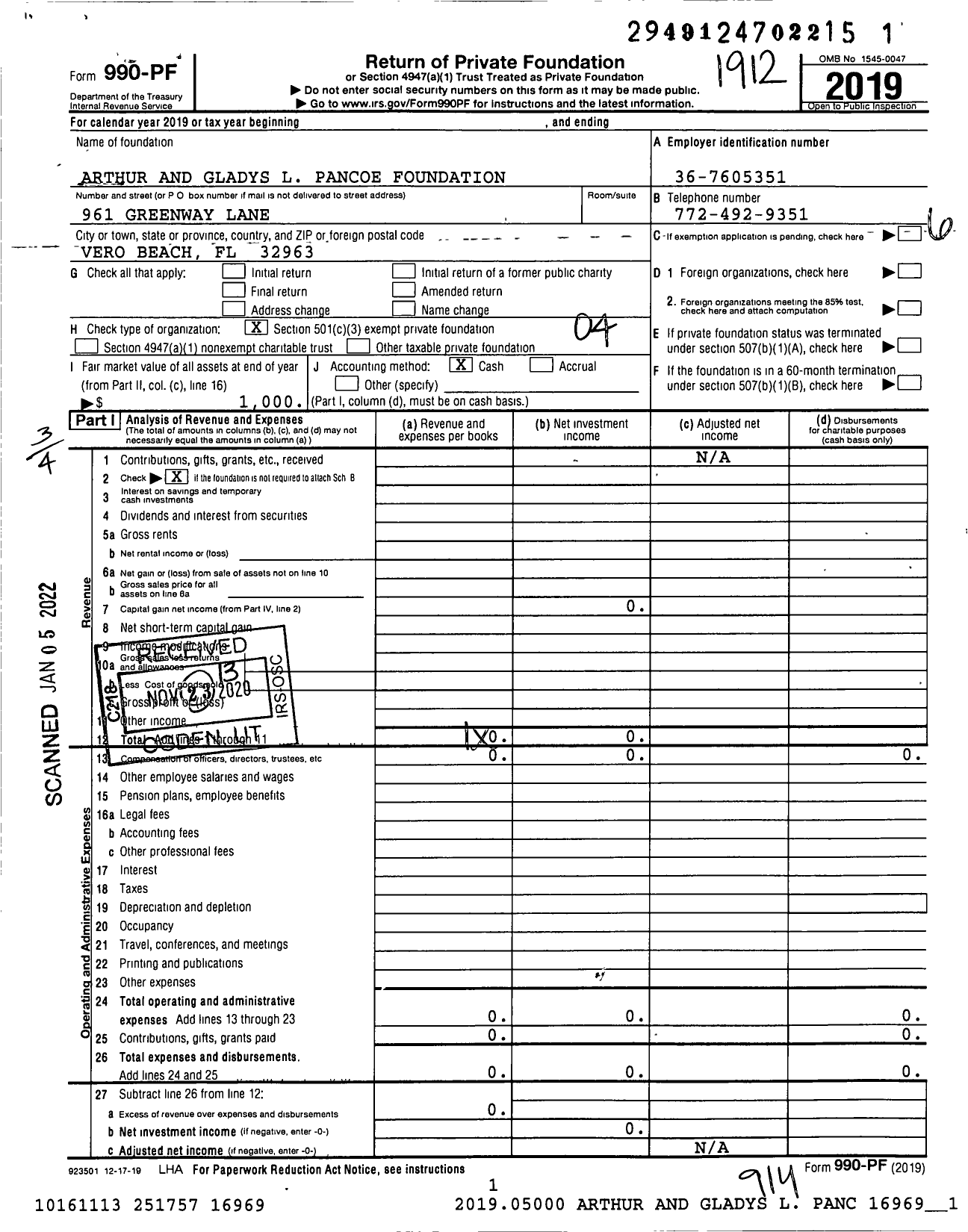 Image of first page of 2019 Form 990PF for Arthur and Gladys L Pancoe Foundation