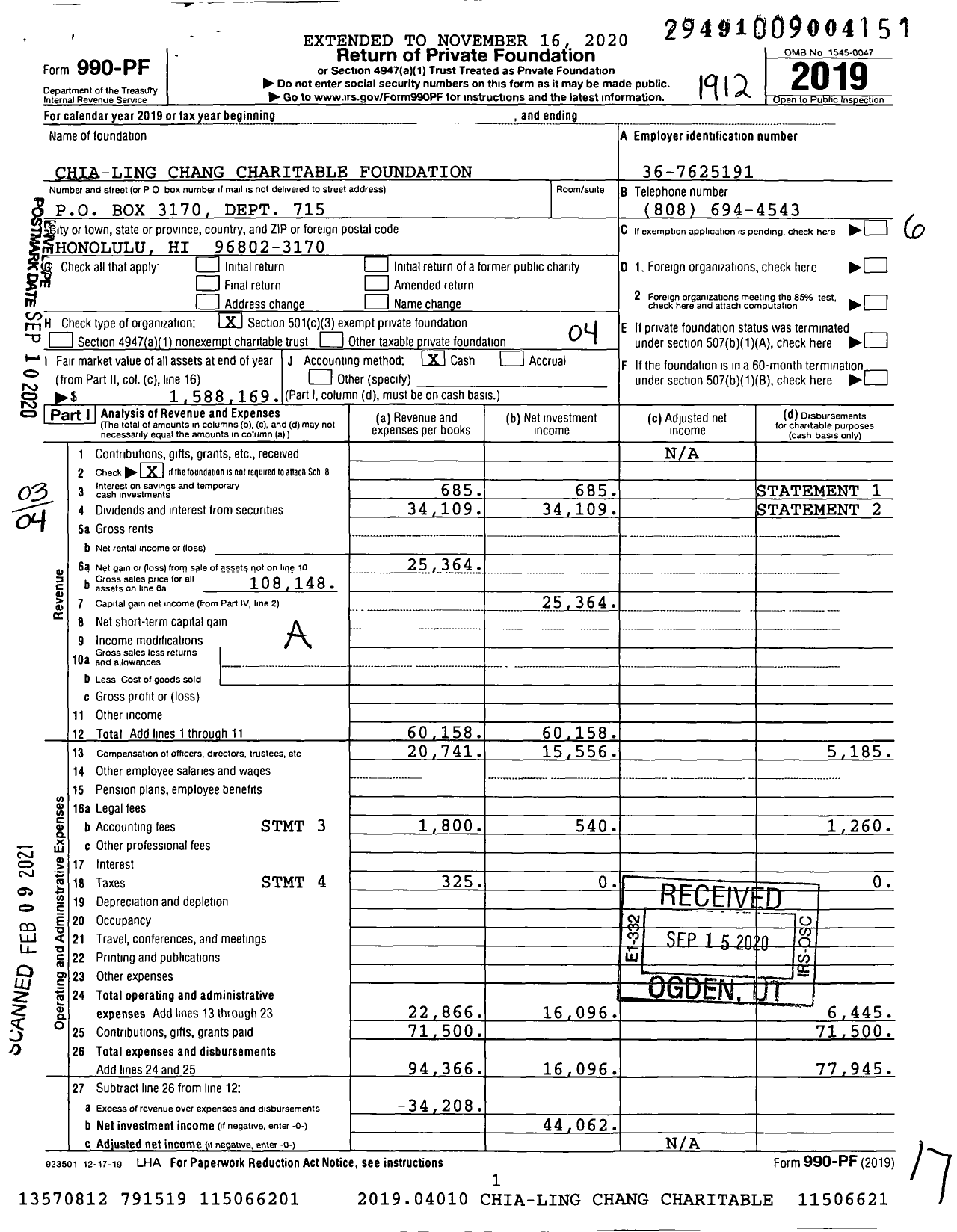 Image of first page of 2019 Form 990PF for Chia-Ling Chang Charitable Foundation