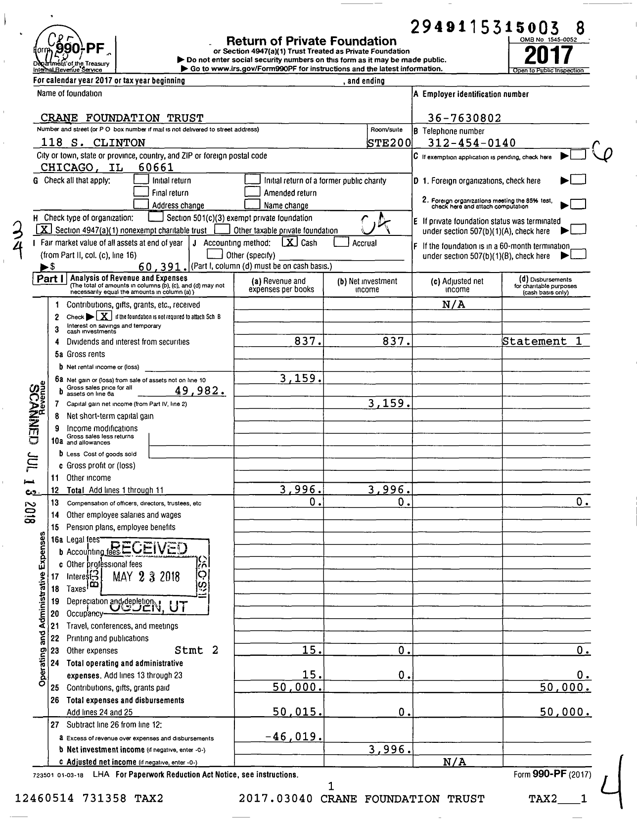 Image of first page of 2017 Form 990PF for Crane Foundation Trust