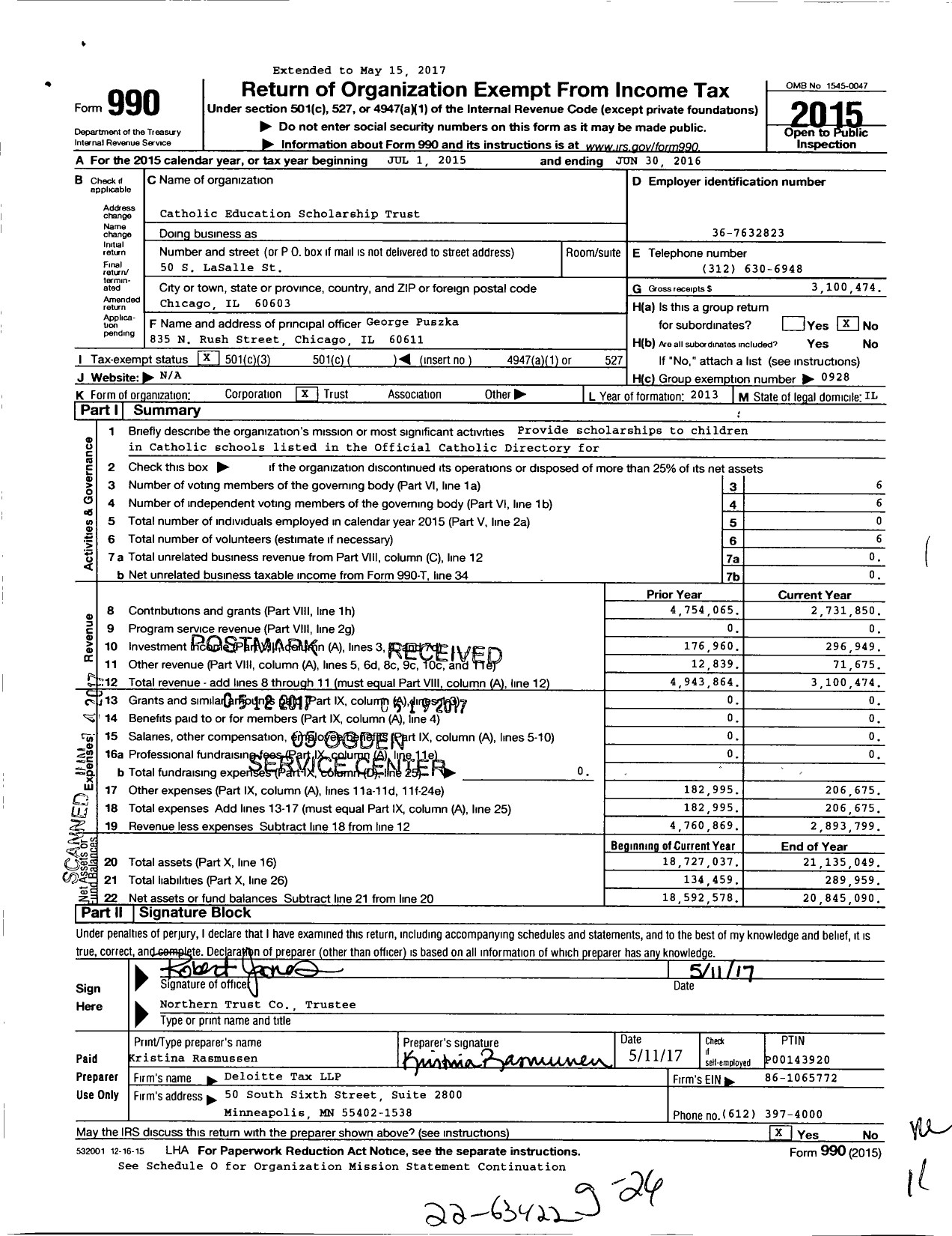 Image of first page of 2015 Form 990 for Catholic Education Scholarship Trust