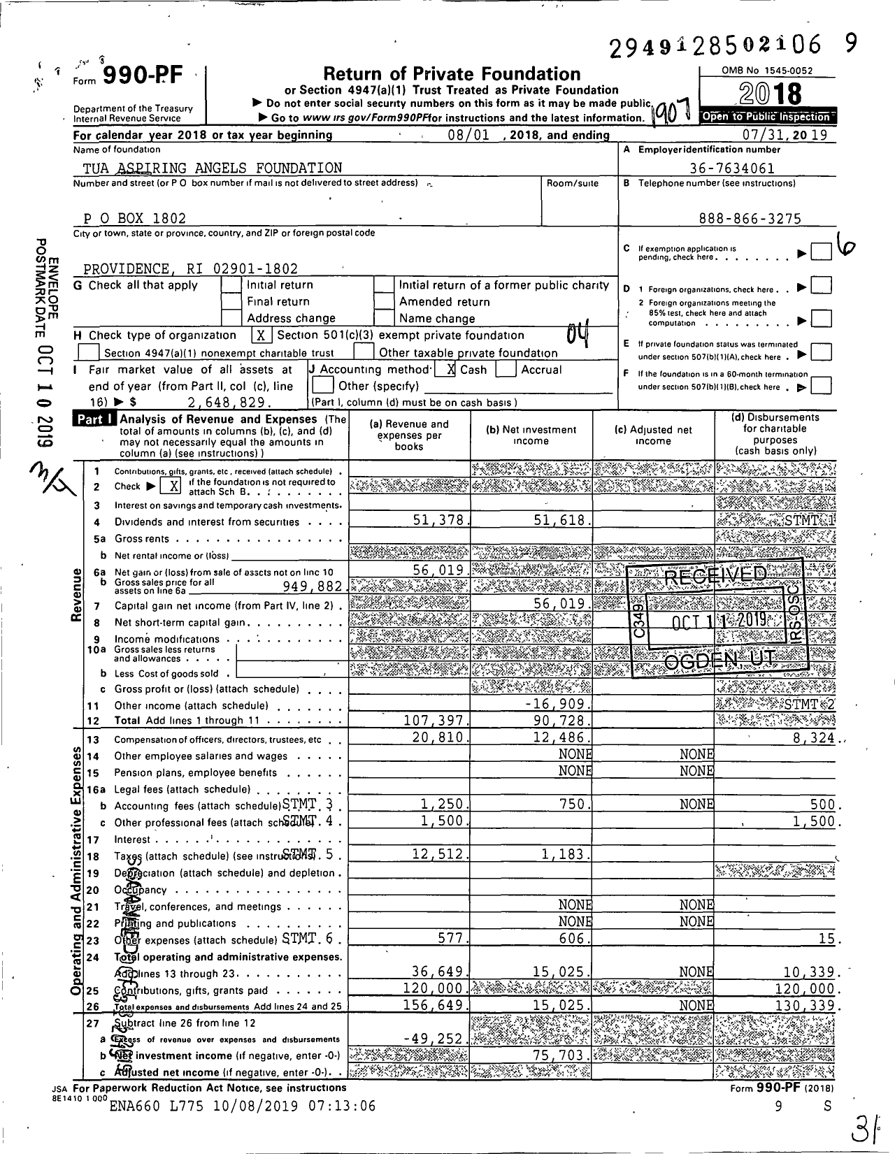 Image of first page of 2018 Form 990PF for Tua Aspiring Angels Foundation