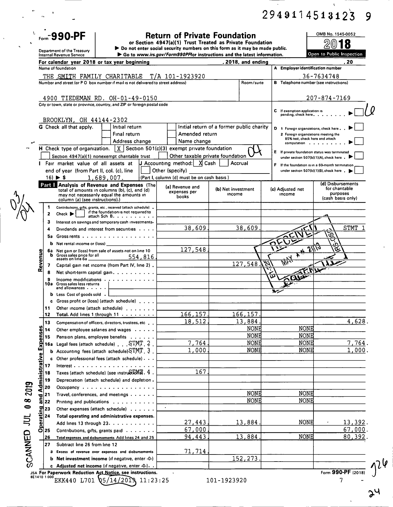 Image of first page of 2018 Form 990PF for The Smith Family Charitable Ta
