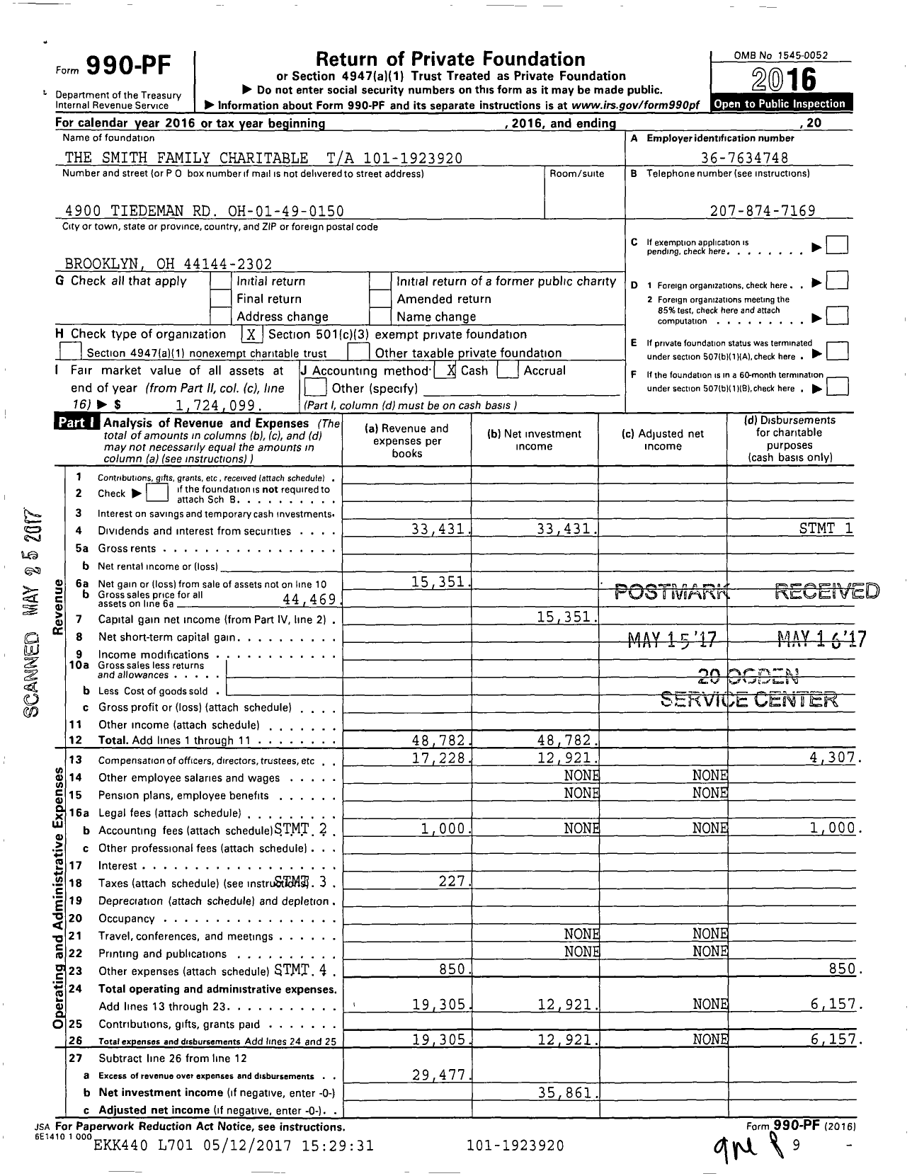 Image of first page of 2016 Form 990PF for The Smith Family Charitable Ta