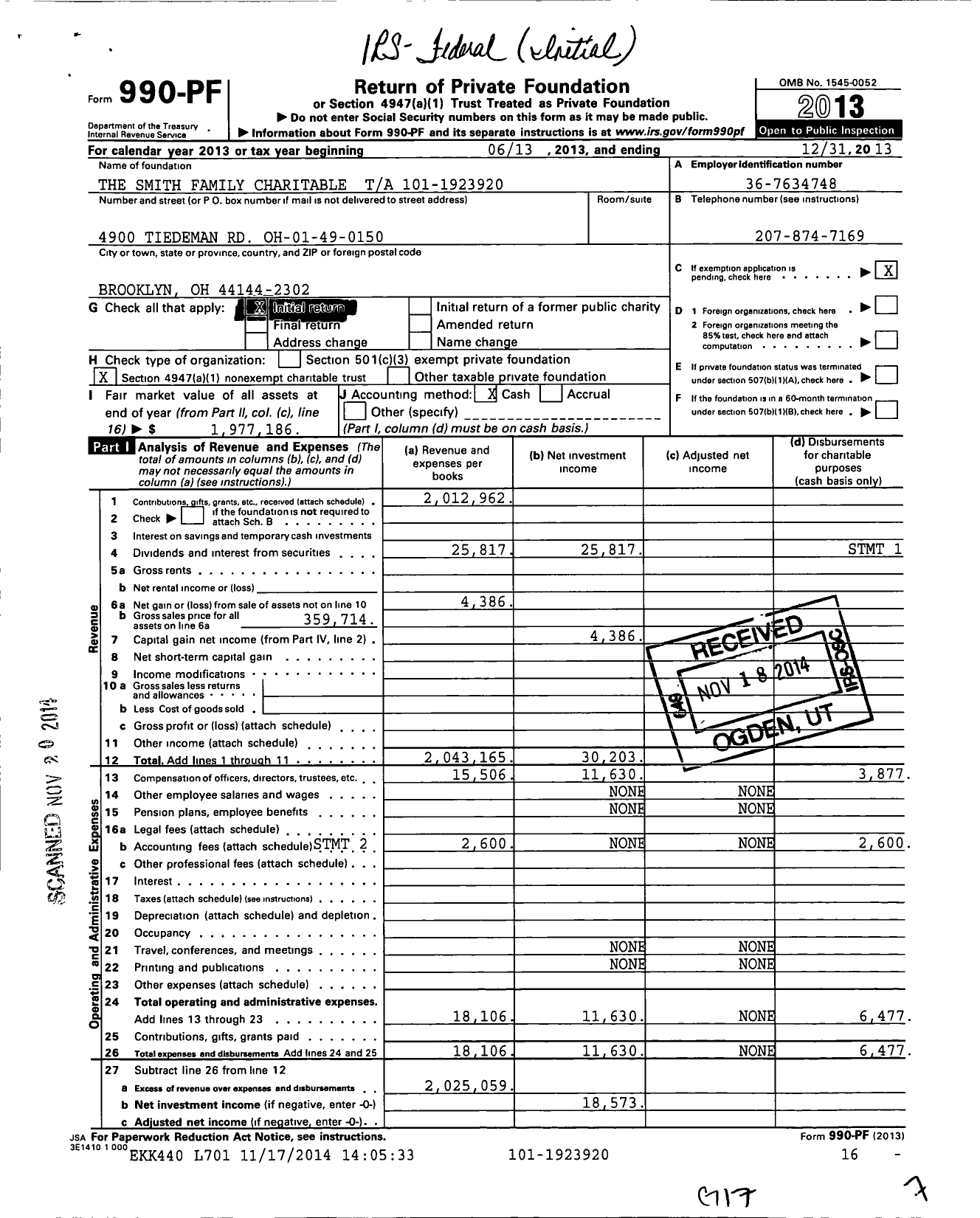 Image of first page of 2013 Form 990PF for The Smith Family Charitable Ta