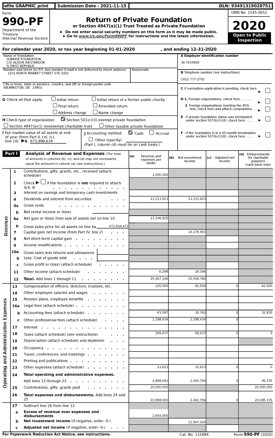 Image of first page of 2020 Form 990PF for Aurora Foundation