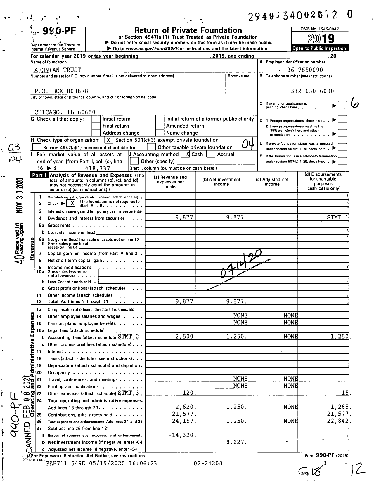 Image of first page of 2019 Form 990PF for Aeonian Trust