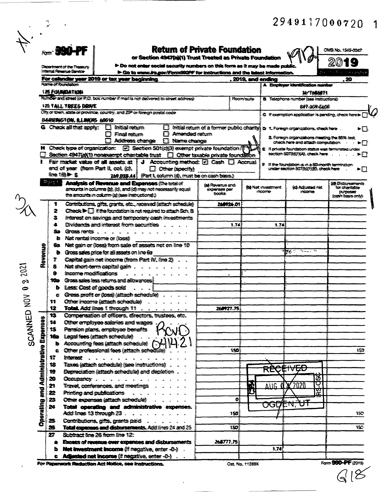 Image of first page of 2019 Form 990PF for 125 Foundation