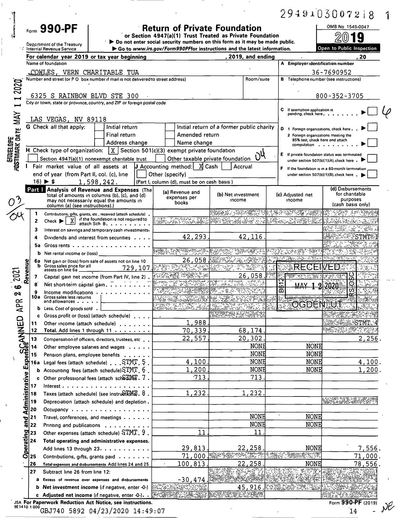 Image of first page of 2019 Form 990PF for Cowles Vern Charitable Tua