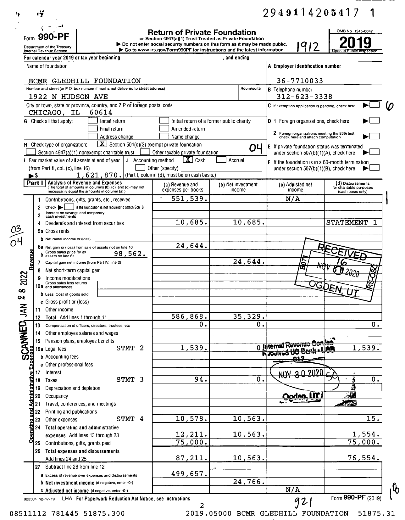 Image of first page of 2019 Form 990PF for BCMR Gledhill Foundation