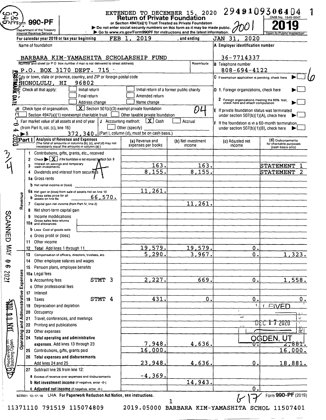 Image of first page of 2019 Form 990PF for Barbara Kim-Yamashita Scholarship Fund