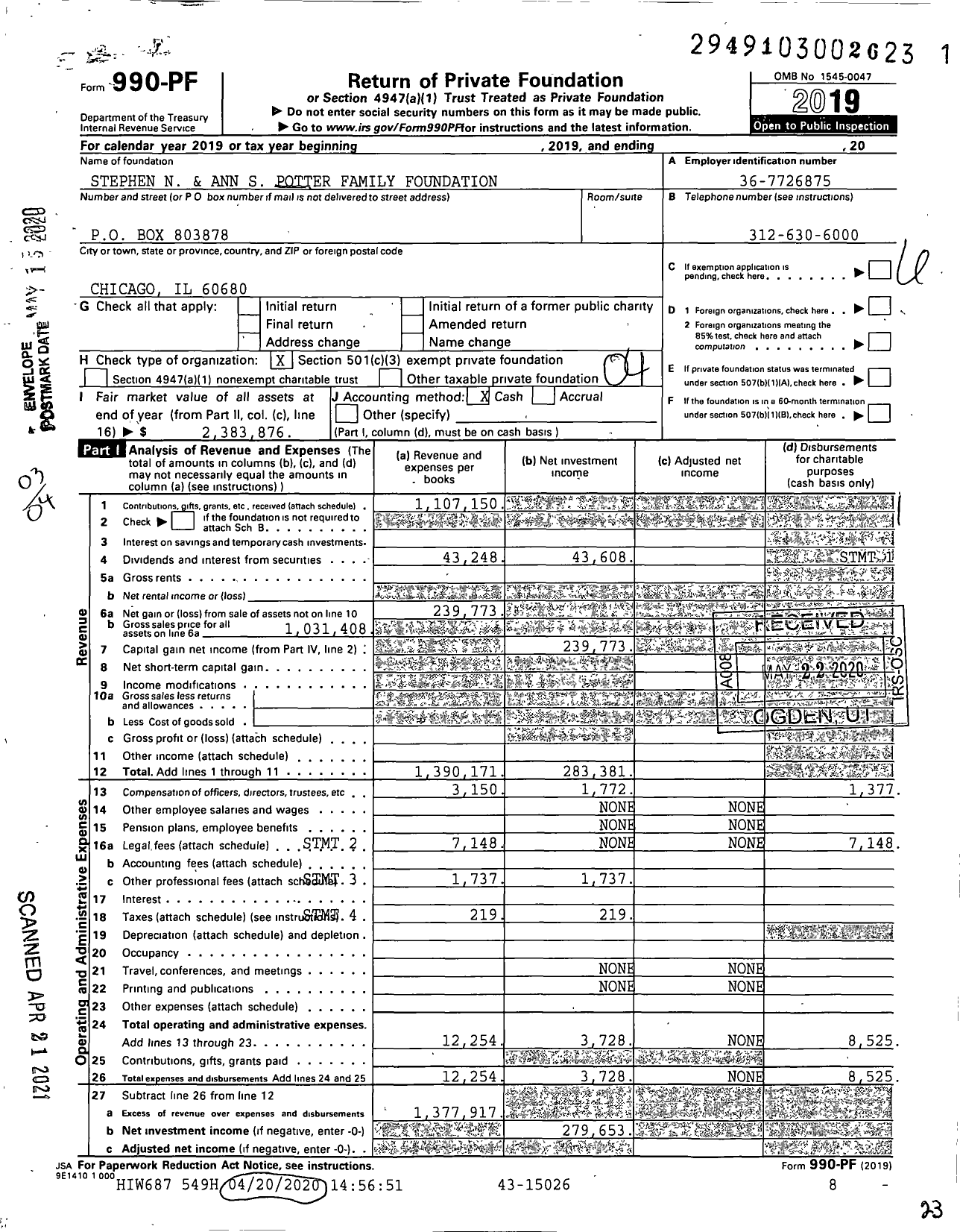 Image of first page of 2019 Form 990PF for Stephen N and Ann S Potter Family Foundation