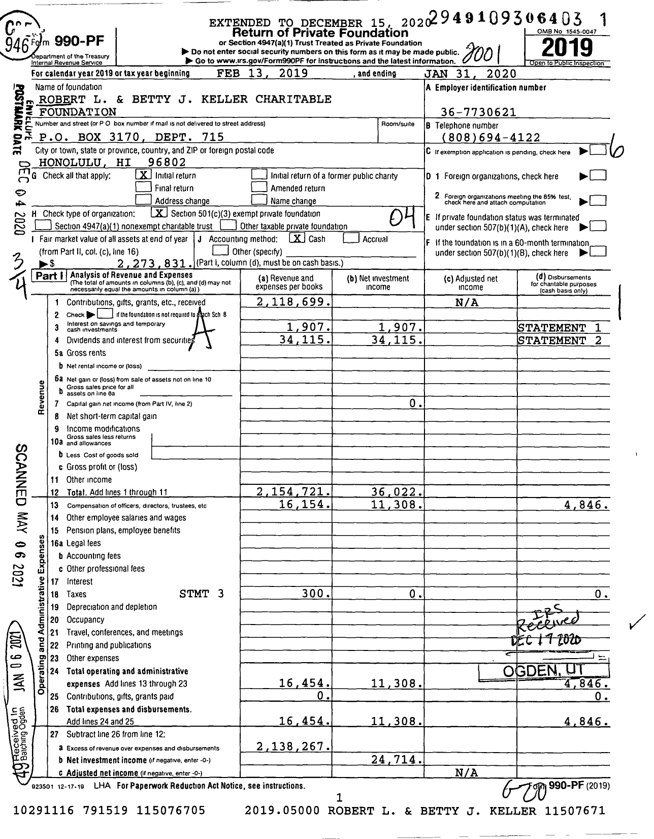 Image of first page of 2019 Form 990PF for Robert L Keller and Betty Jean Keller