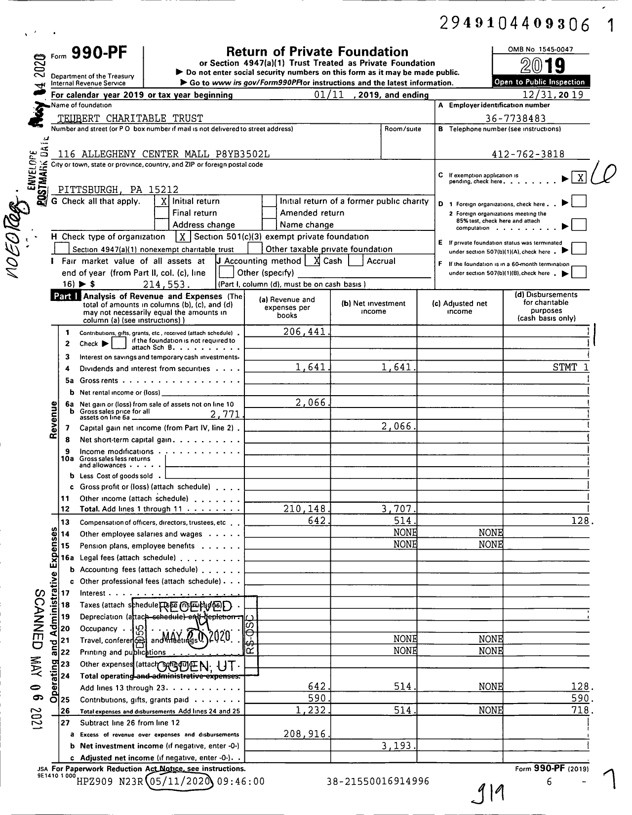 Image of first page of 2019 Form 990PF for Teubert Charitable Trust