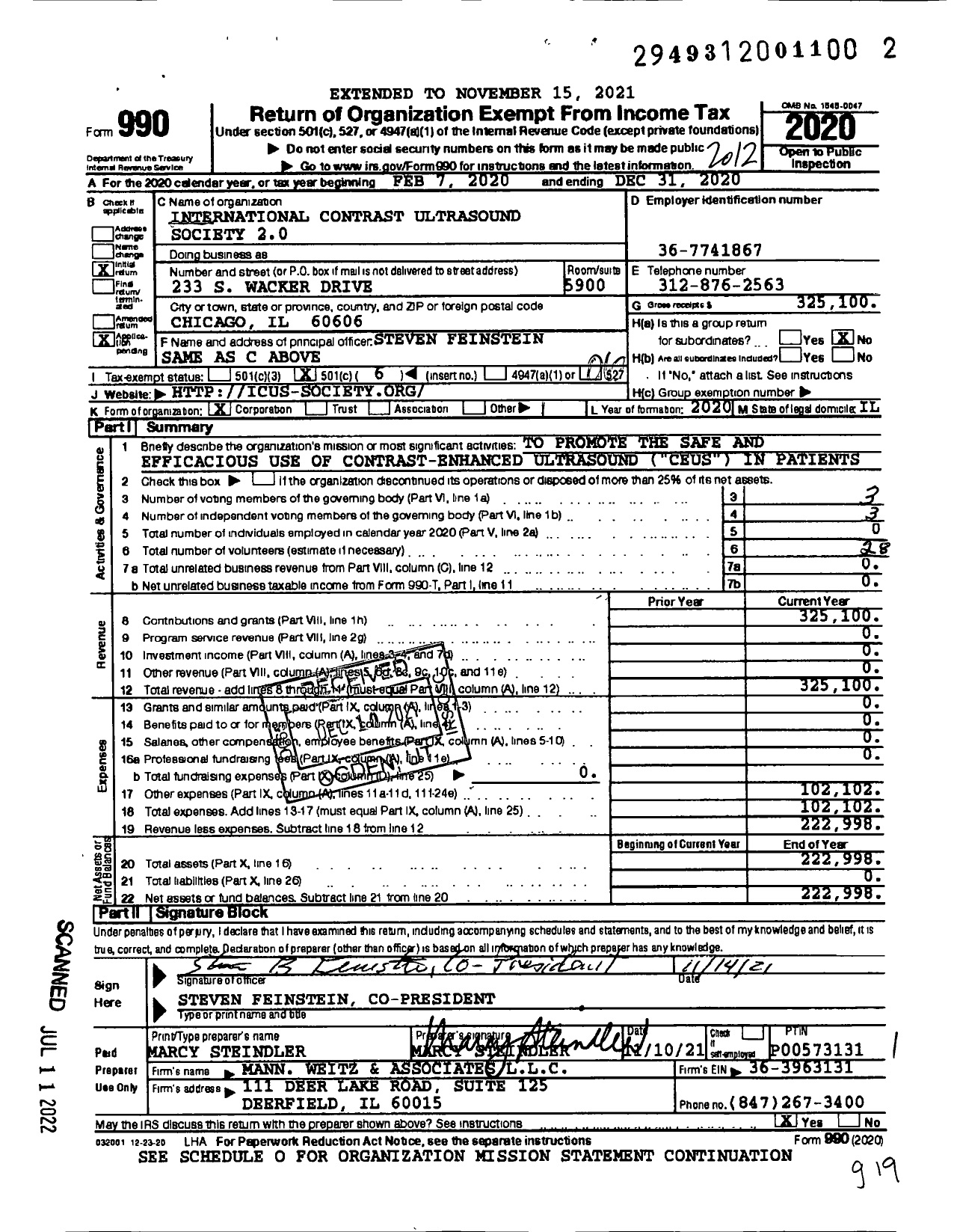 Image of first page of 2020 Form 990O for International Contrast Ultrasound Society 20