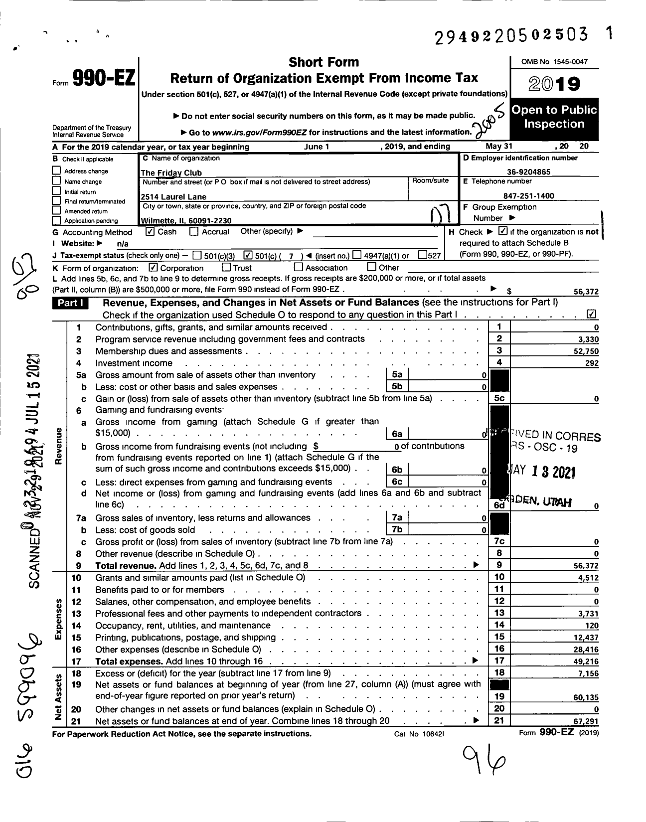 Image of first page of 2019 Form 990EO for The Friday Club