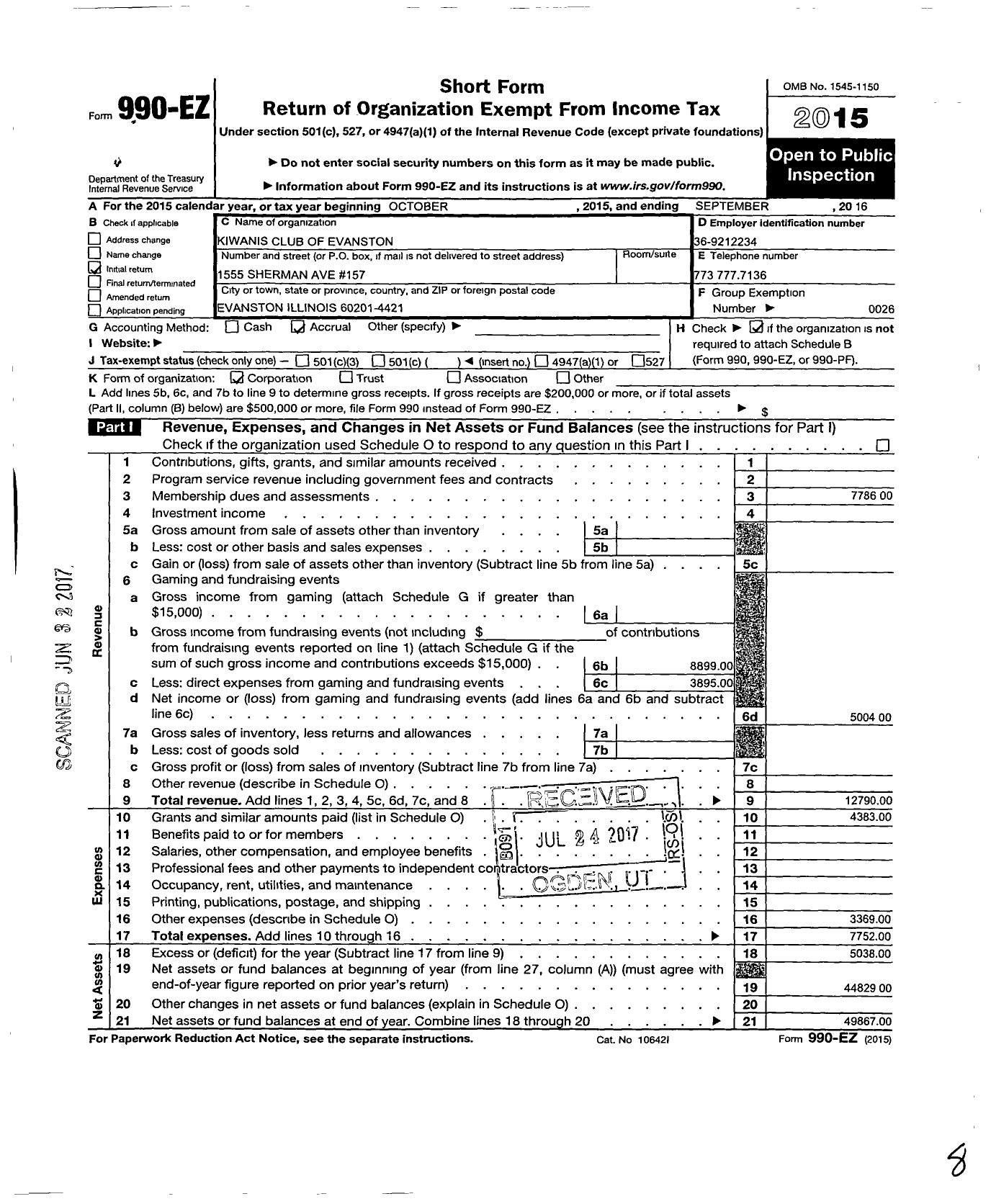 Image of first page of 2015 Form 990EO for Kiwanis International - K00333 Evanston